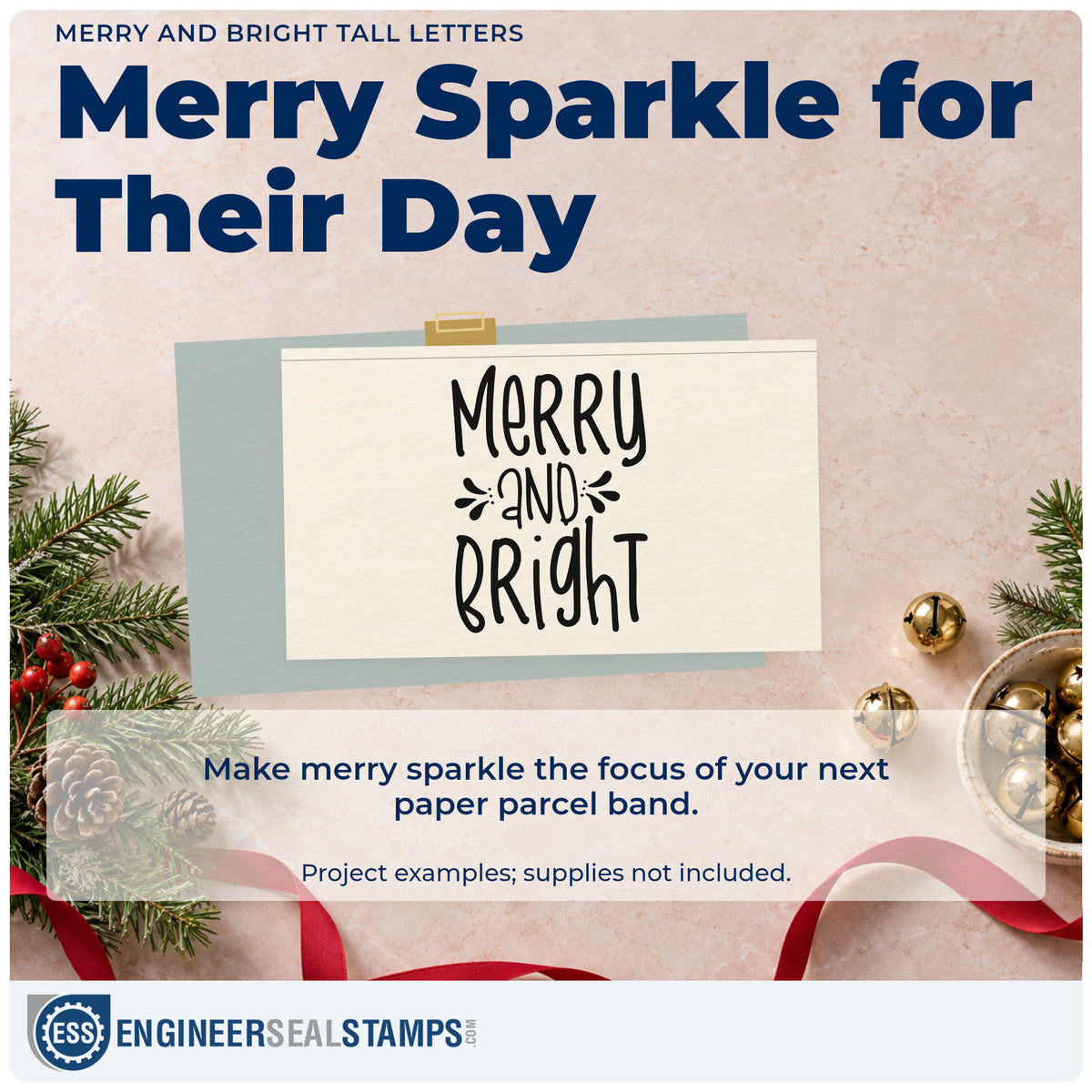 A finished handmade project stamped with the Merry And Bright Tall Letters Lettering Rubber Stamp – Duo Hand, ideal for three part album page.