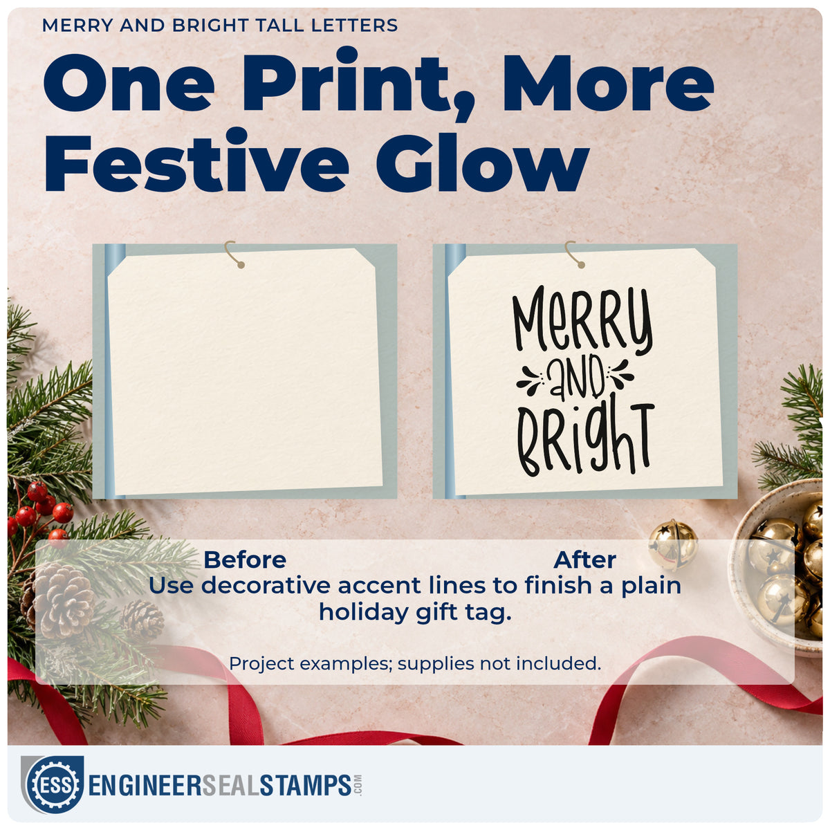 Before and after of a plain item finished with the Merry And Bright Tall Letters Lettering Rubber Stamp – Duo Hand, a quick upgrade for framed triptych center.