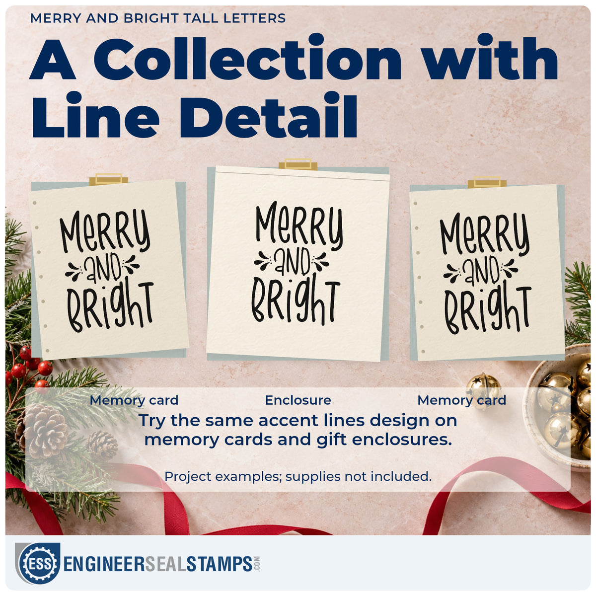Three project examples made with the Merry And Bright Tall Letters Lettering Rubber Stamp – Duo Hand, including before after sheet.