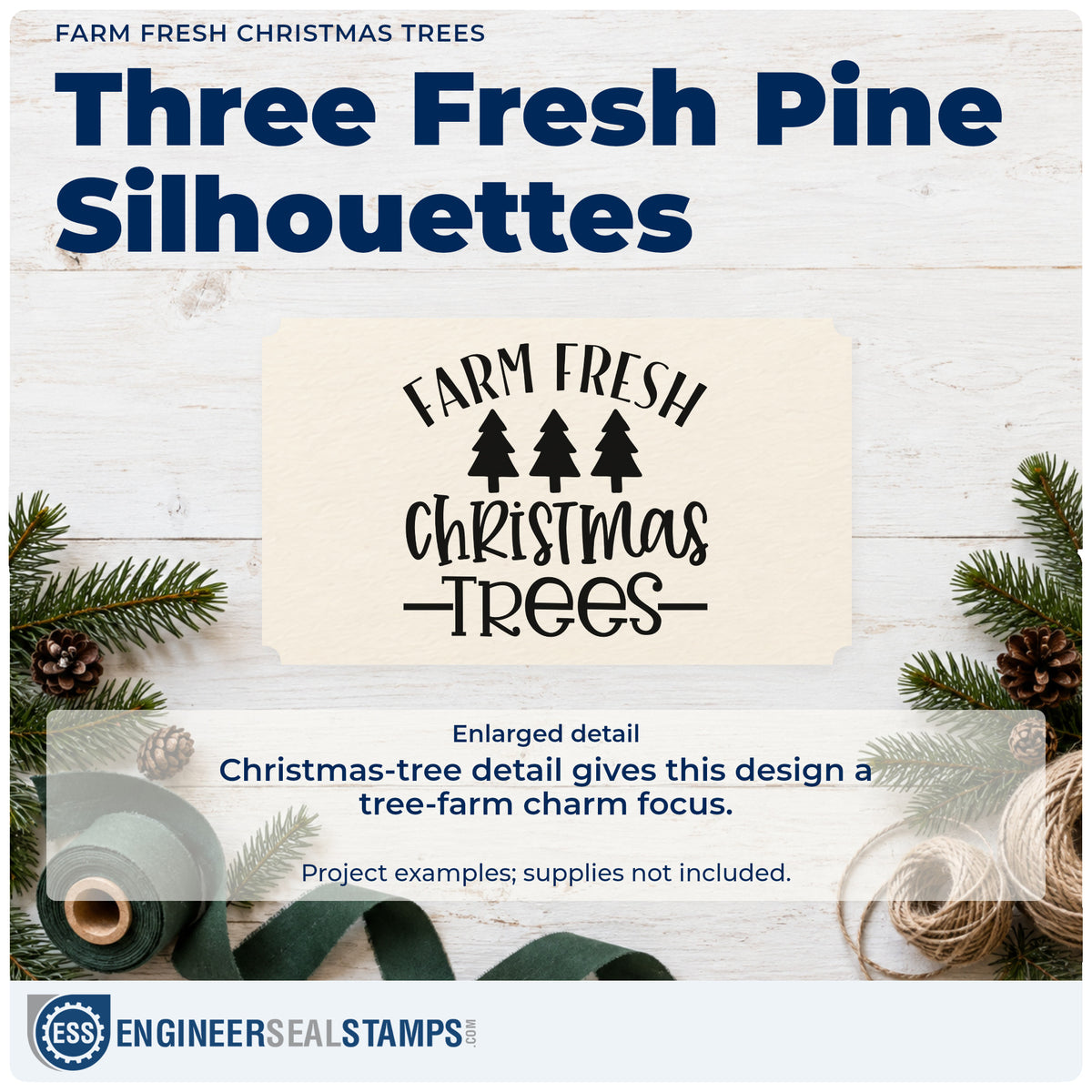 Enlarged detail of the PSI Pre-Inked Farm Fresh Christmas Trees Pine Trio Stamp imprint. “Farm Fresh Christmas Trees” surrounds three pine silhouettes with horizontal accent lines.