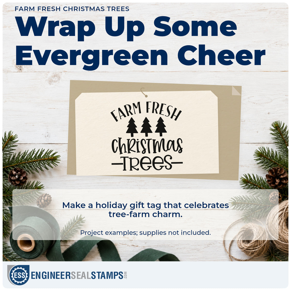 A finished handmade project stamped with the PSI Pre-Inked Farm Fresh Christmas Trees Pine Trio Stamp, ideal for wholesale album page.