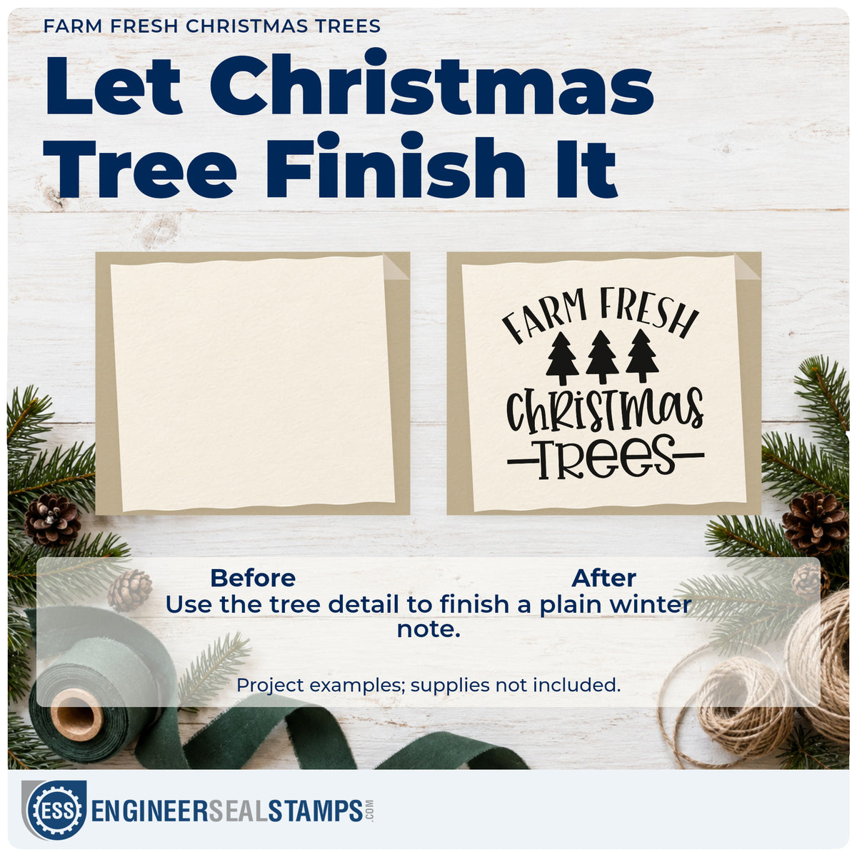 Before and after of a plain item finished with the Farm Fresh Christmas Trees Pine Trio Slim Pre-Inked Stamp, a quick upgrade for framed sales office.