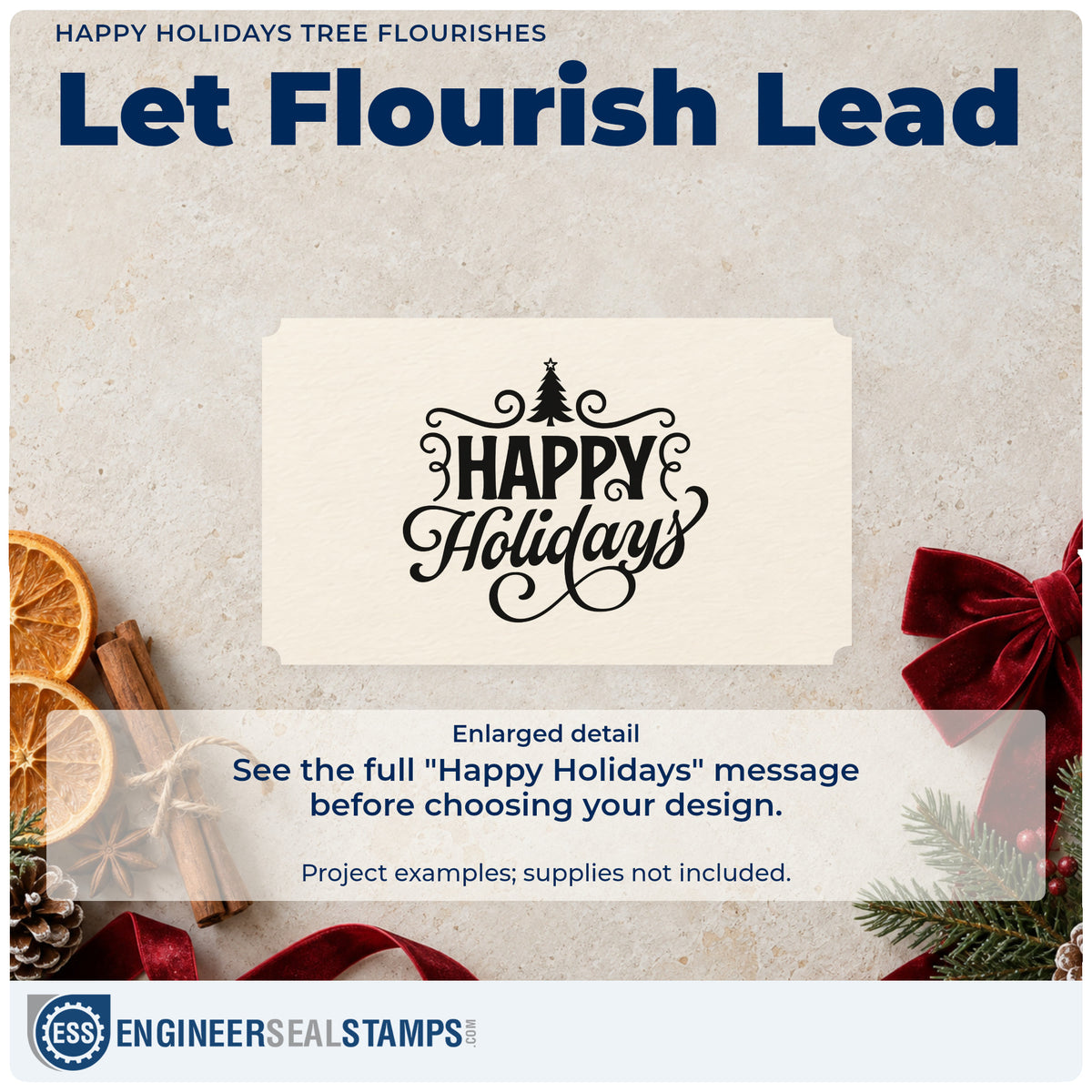Enlarged detail of the Happy Holidays Tree Flourishes Lettering Flourish Pre-Inked Stamp – PSI imprint. “Happy Holidays” appears with a small tree and ornate looping flourishes.