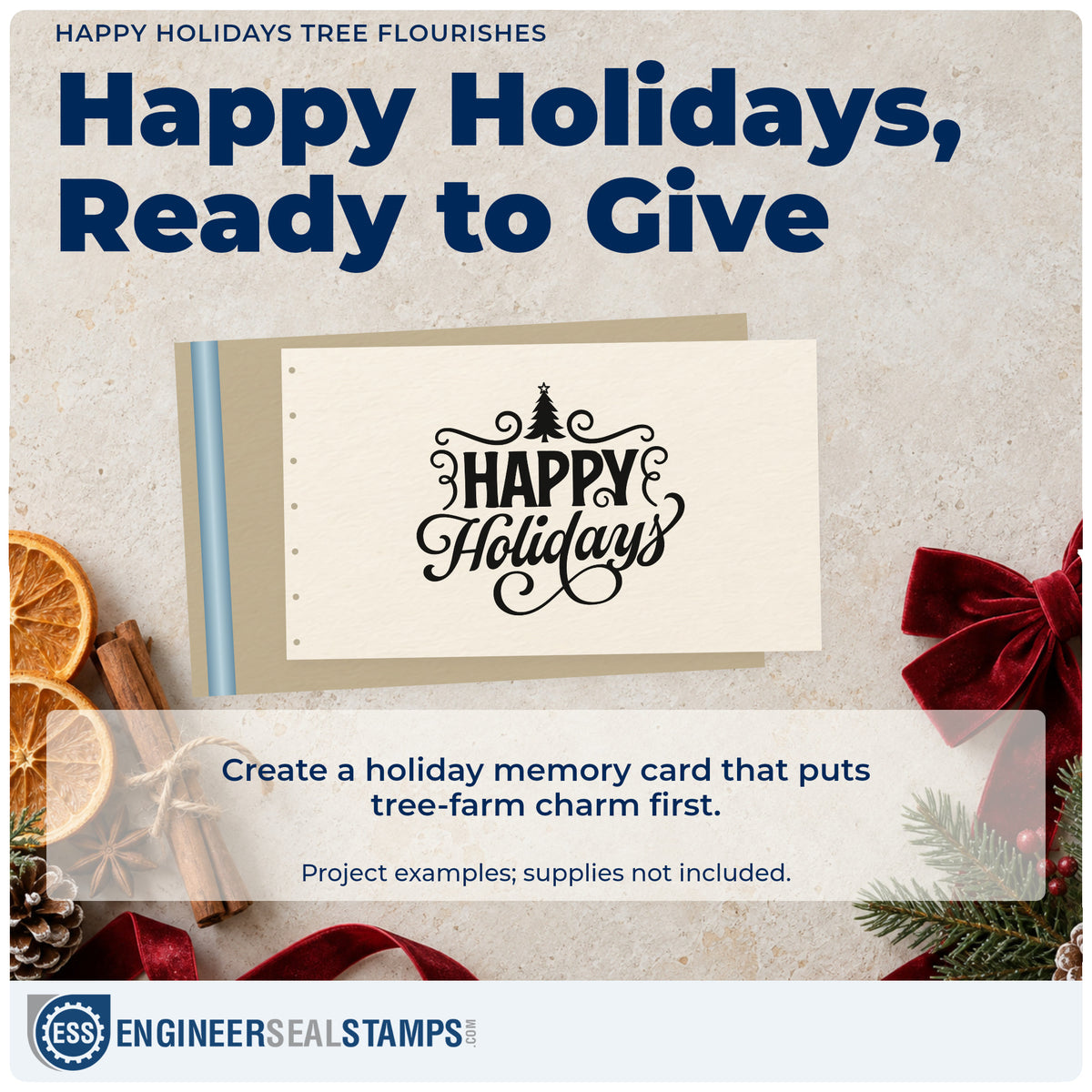 A finished handmade project stamped with the Happy Holidays Tree Flourishes Lettering Flourish Self-Inking Craft Stamp, ideal for hostess album page.