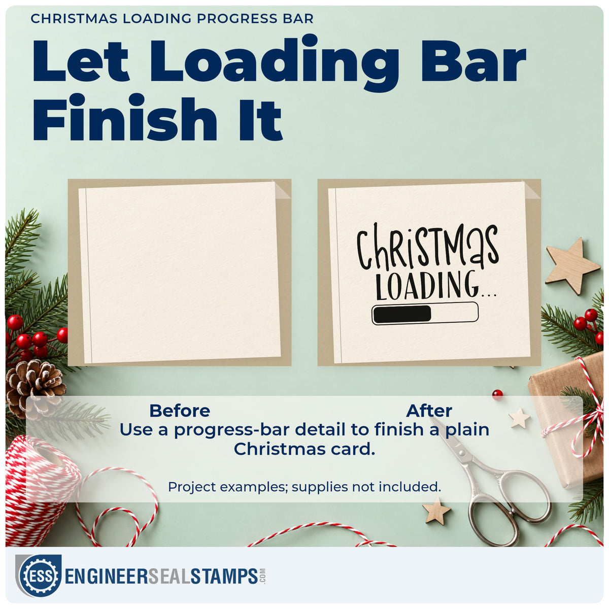 Before and after of a plain item finished with the Christmas Loading Progress Bar Wood-Mounted Rubber Stamp, a quick upgrade for framed desk monitor.