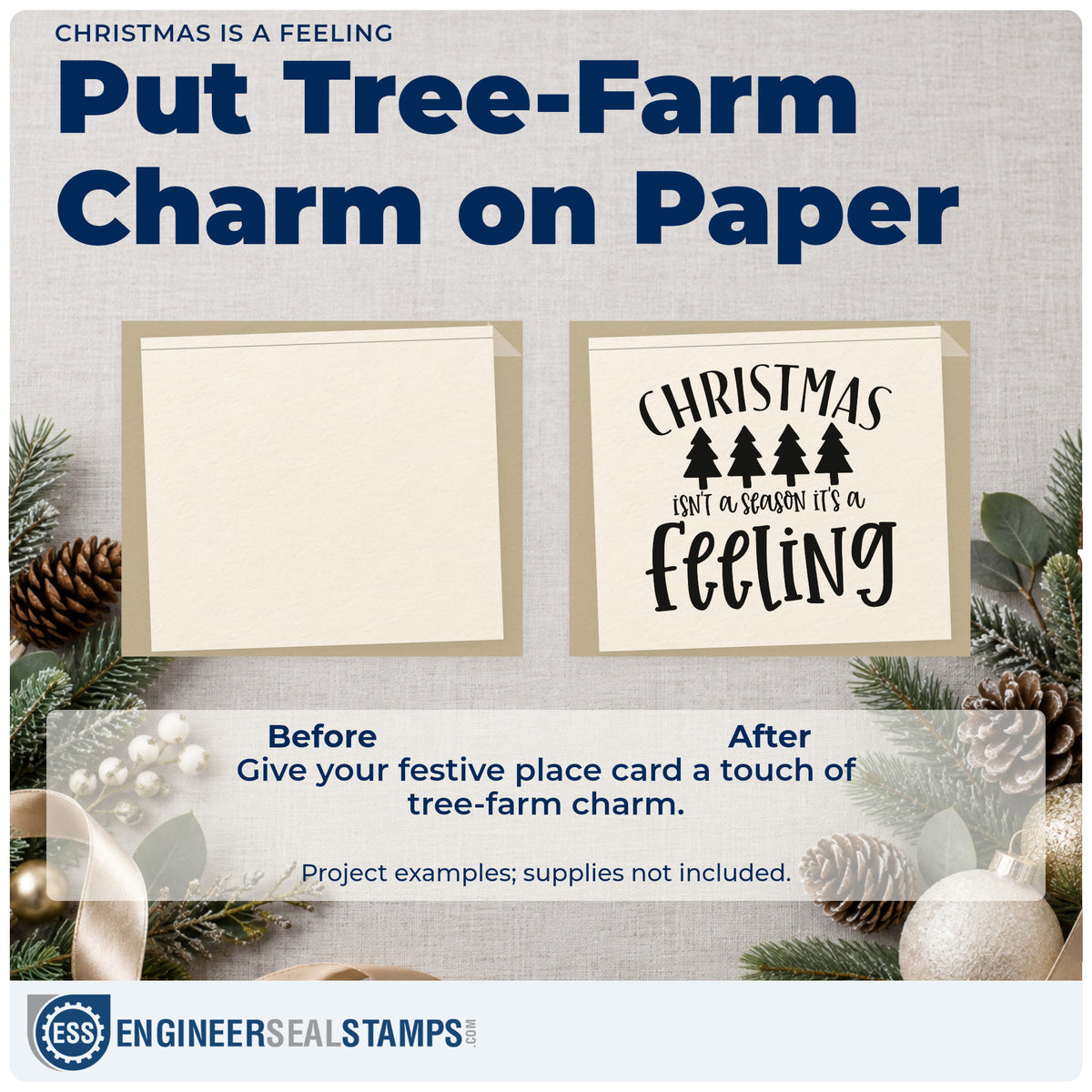 Before and after of a plain item finished with the Self-Inking Christmas Is A Feeling Stamp, a quick upgrade for framed long shelf.