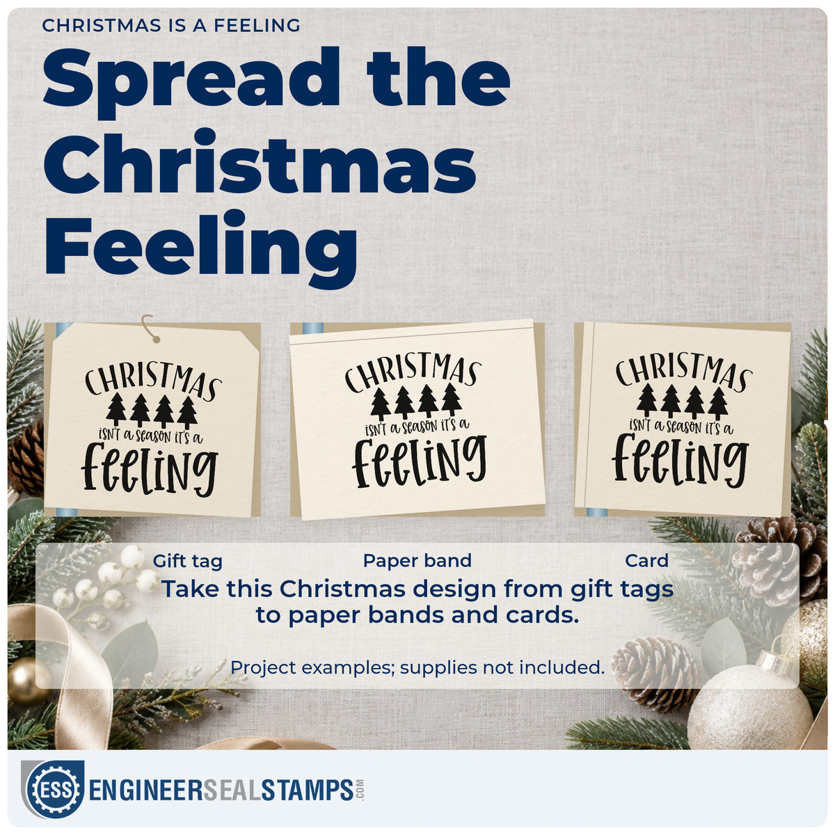 Three project examples made with the Christmas Is A Feeling Rubber Stamp – Wood Handle, including reflection note sheet.