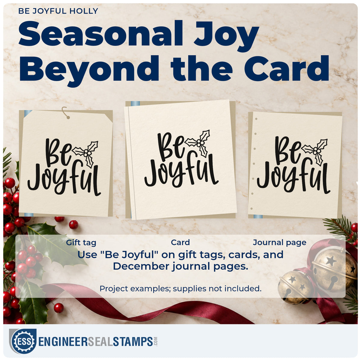 Three project examples made with the Be Joyful Holly Rubber Stamp – Duo Hand, including daily intent sheet.
