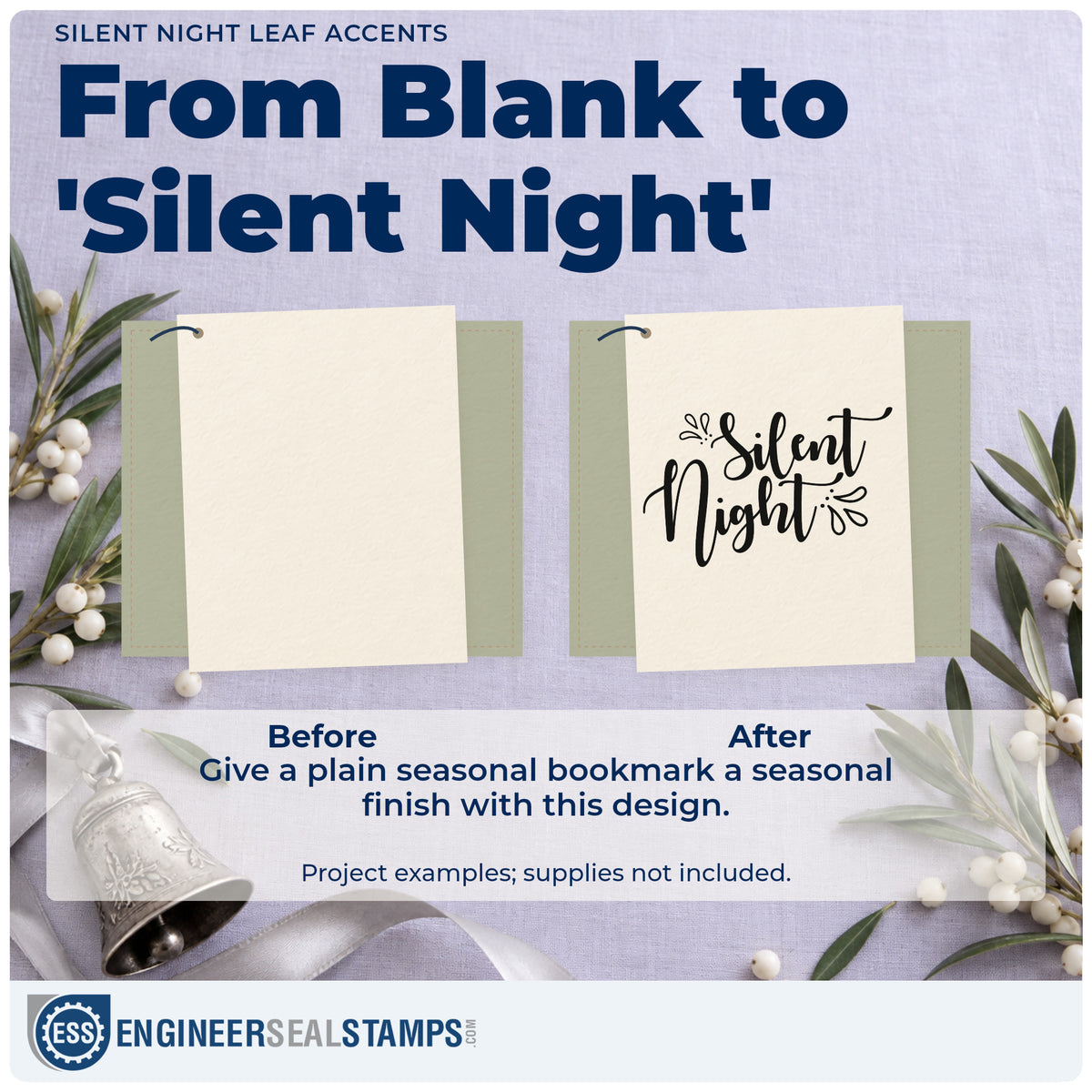 Before and after of a plain item finished with the Silent Night Leaf Accents Script Lettering Self-Inking Stamp, a quick upgrade for framed study wall.