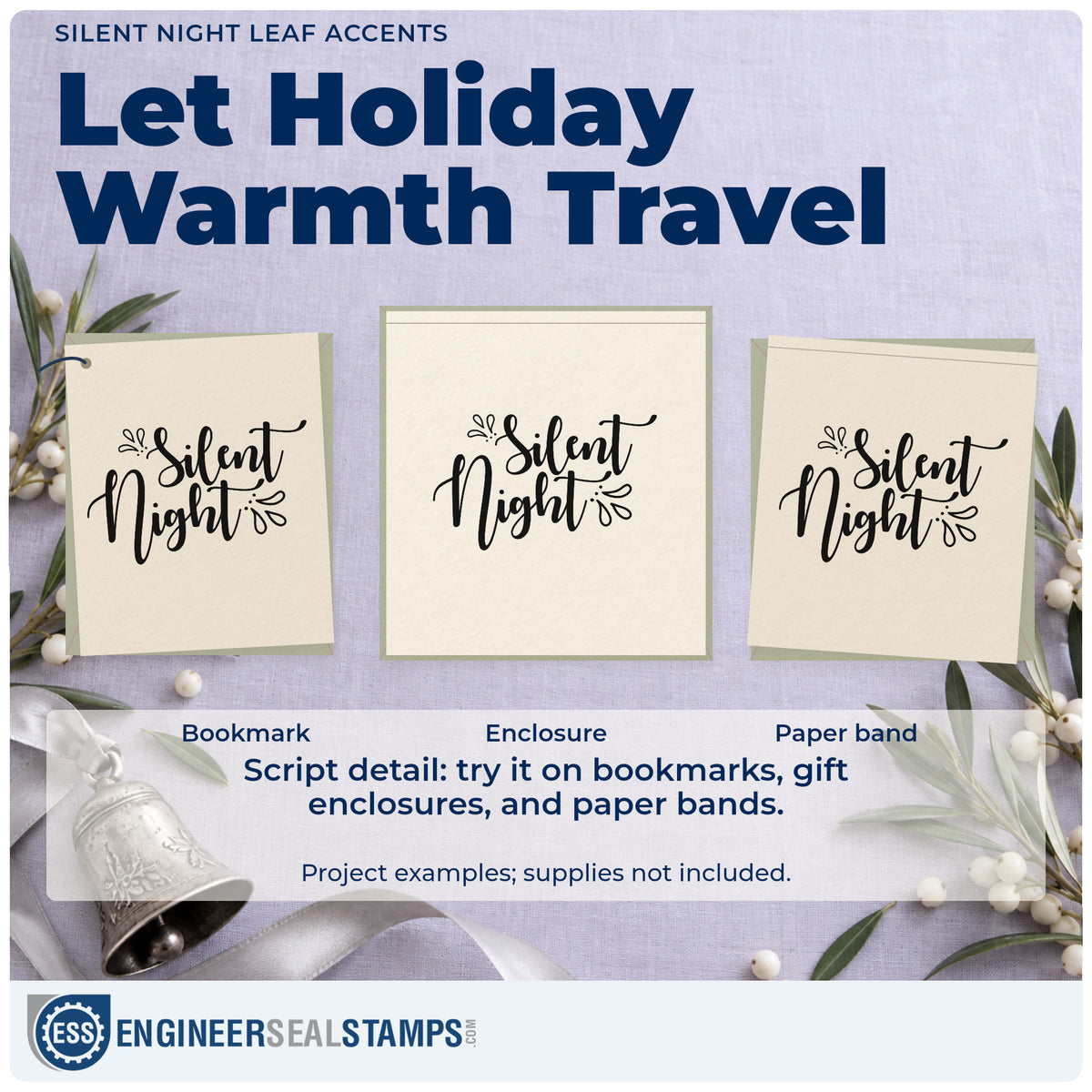 Three project examples made with the Silent Night Leaf Accents Script Lettering Slim Pre-Inked Stamp, including study log sheet.