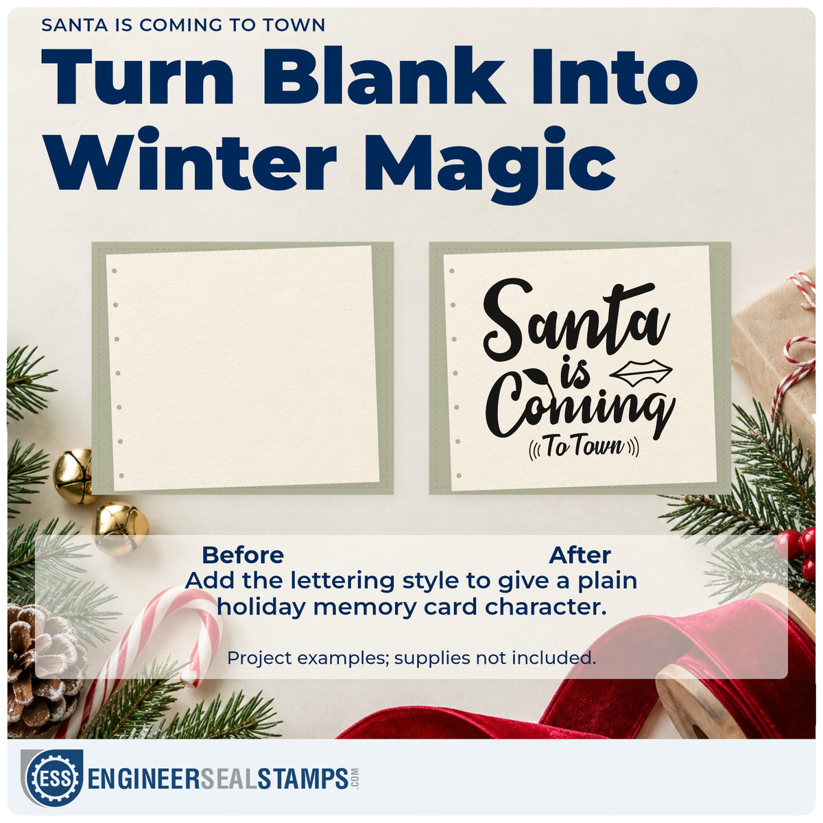 Before and after of a plain item finished with the Santa Is Coming (To Town) Brush Lettering Self-Inking Stamp, a quick upgrade for framed hall plaque.
