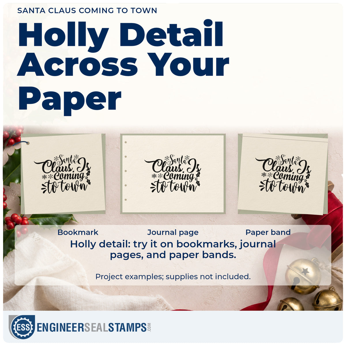 Three project examples made with the Santa Claus Is Coming To Town Hand Stamp – Duo, including visit schedule sheet.