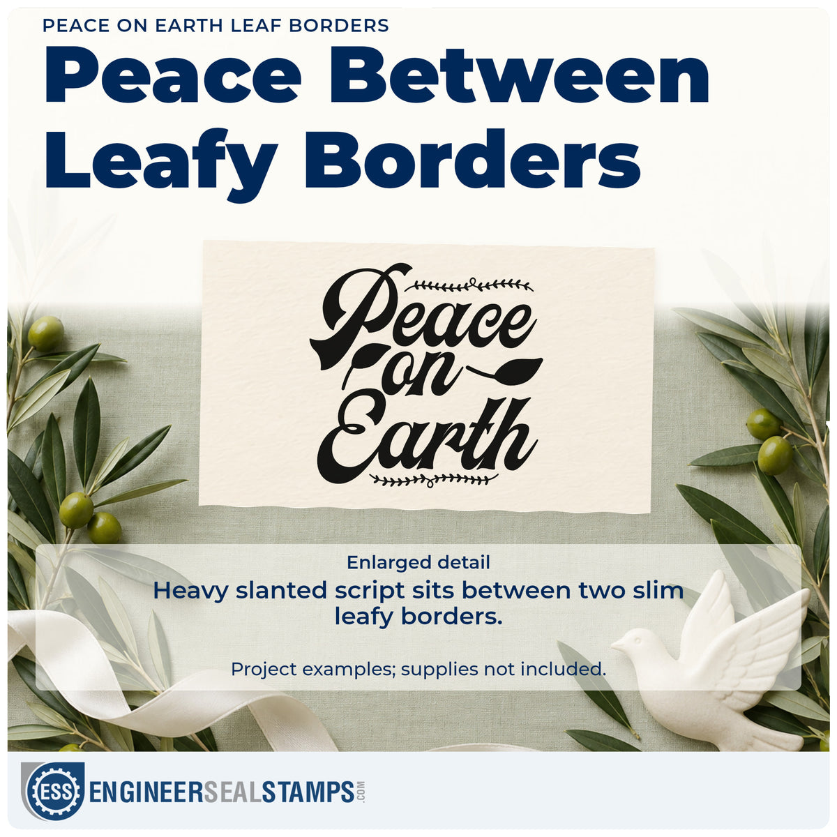 Enlarged detail of the Premium Wooden Peace On Earth Leaf Borders Stamp – Vintage Pro imprint. “Peace on Earth” appears in heavy slanted script between narrow leafy borders.