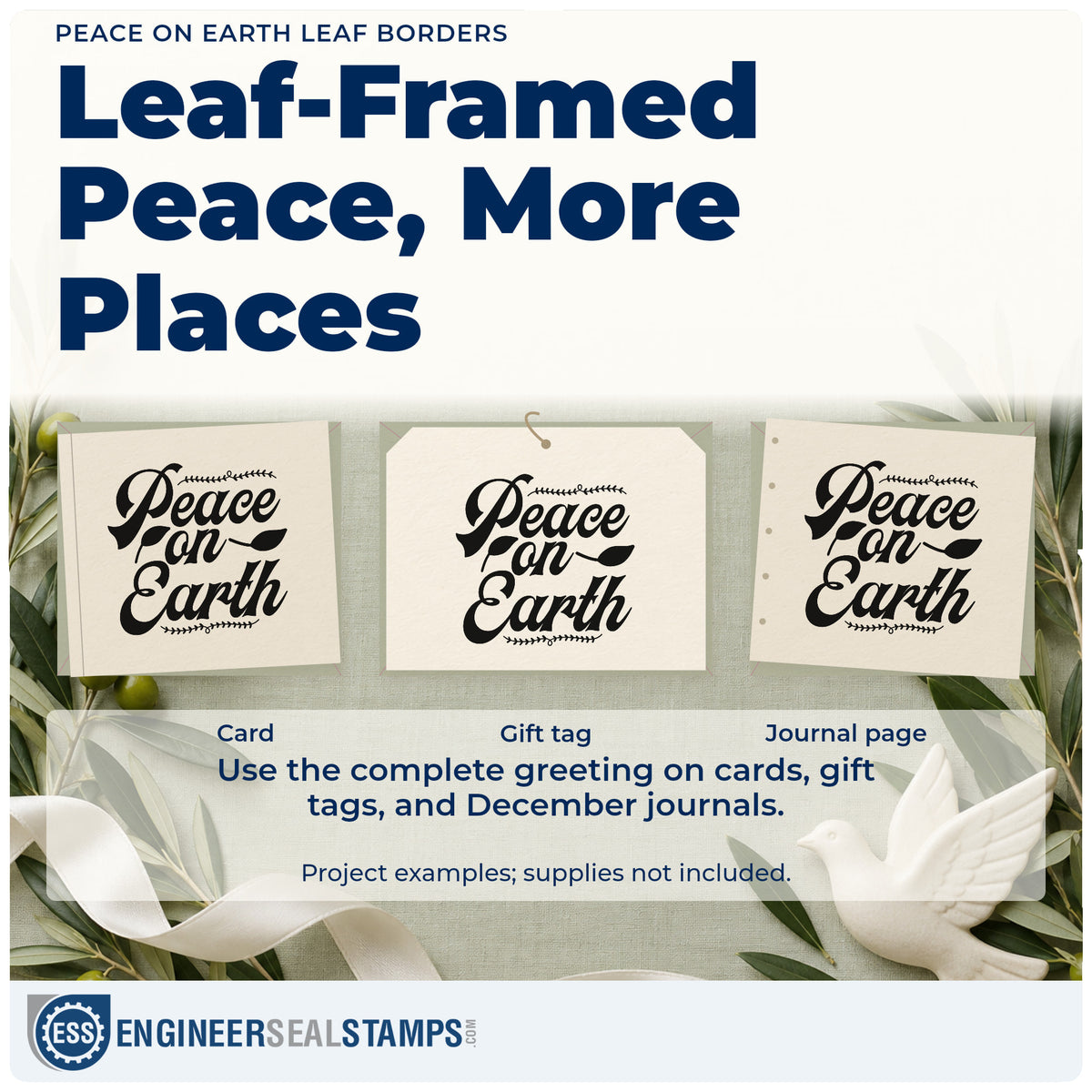Three project examples made with the Peace On Earth Leaf Borders PSI Pre-Inked Stamp, including margin rule sheet.