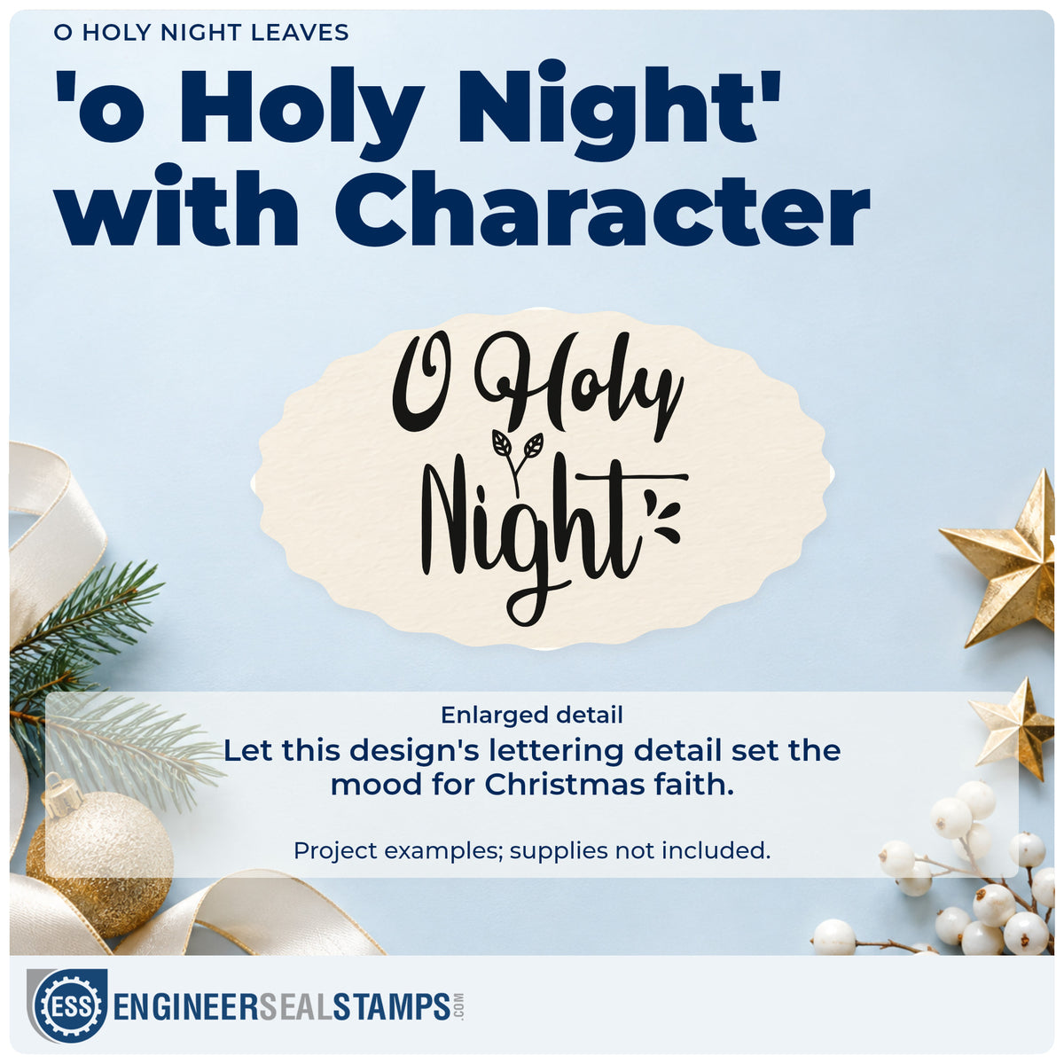 Enlarged detail of the O Holy Night Leaves Duo Hand Stamp imprint. “O Holy Night” appears in bold flowing lettering with small leaf and stroke accents.
