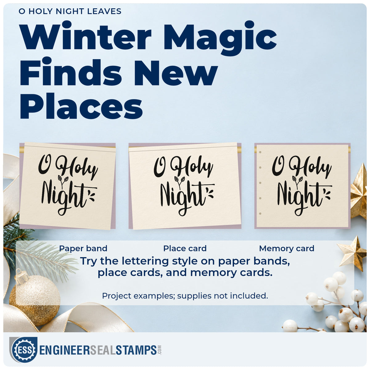 Three project examples made with the O Holy Night Leaves Duo Hand Stamp, including registration sheet.