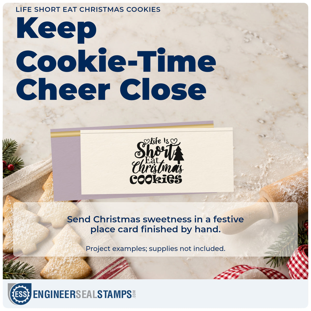 A finished handmade project stamped with the Life Short Eat Christmas Cookies Rubber Stamp – Duo Hand, ideal for cookie album page.