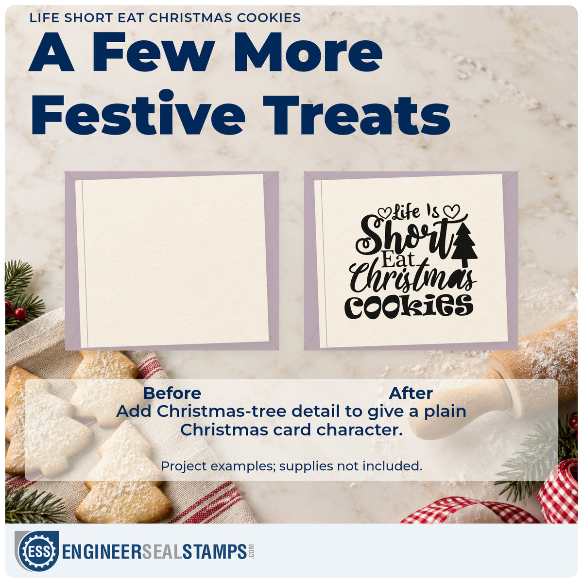 Before and after of a plain item finished with the Slim Pre-Inked Life Short Eat Christmas Cookies Stamp, a quick upgrade for framed cookie jar shelf.