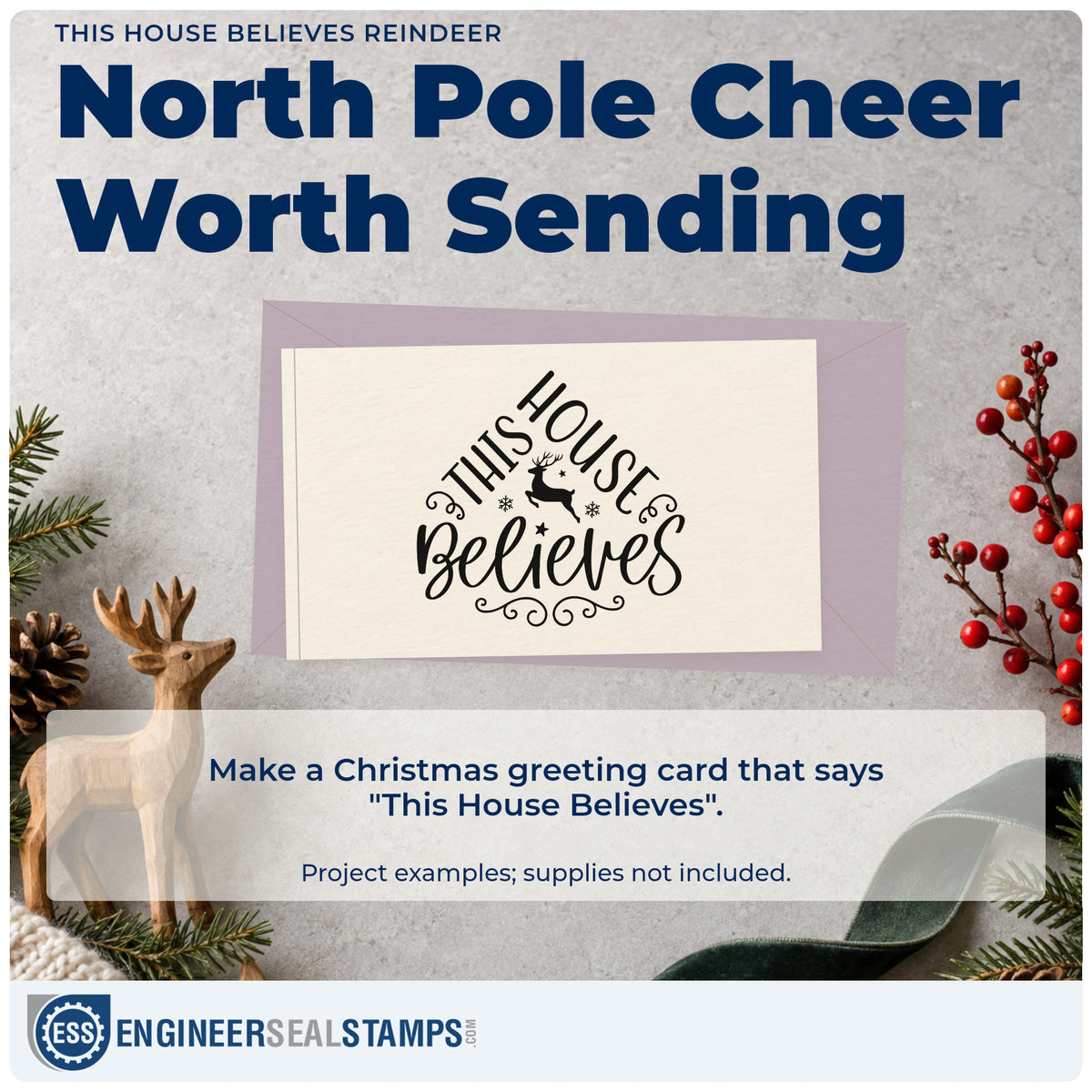 A finished handmade project stamped with the This House Believes Reindeer Wood-Mounted Rubber Stamp, ideal for home album page.