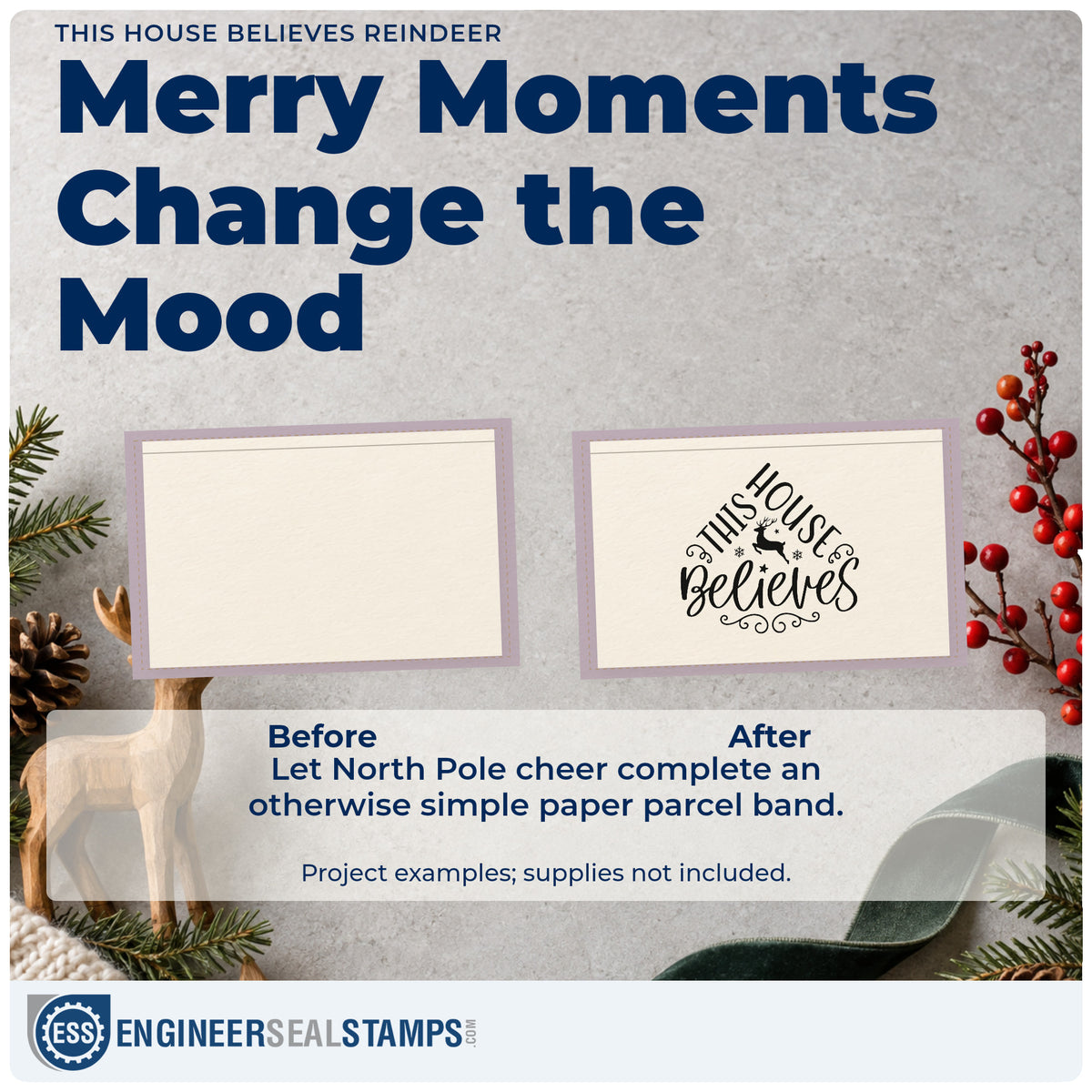 Before and after of a plain item finished with the This House Believes Reindeer PSI Pre-Inked Stamp, a quick upgrade for framed entry plaque.