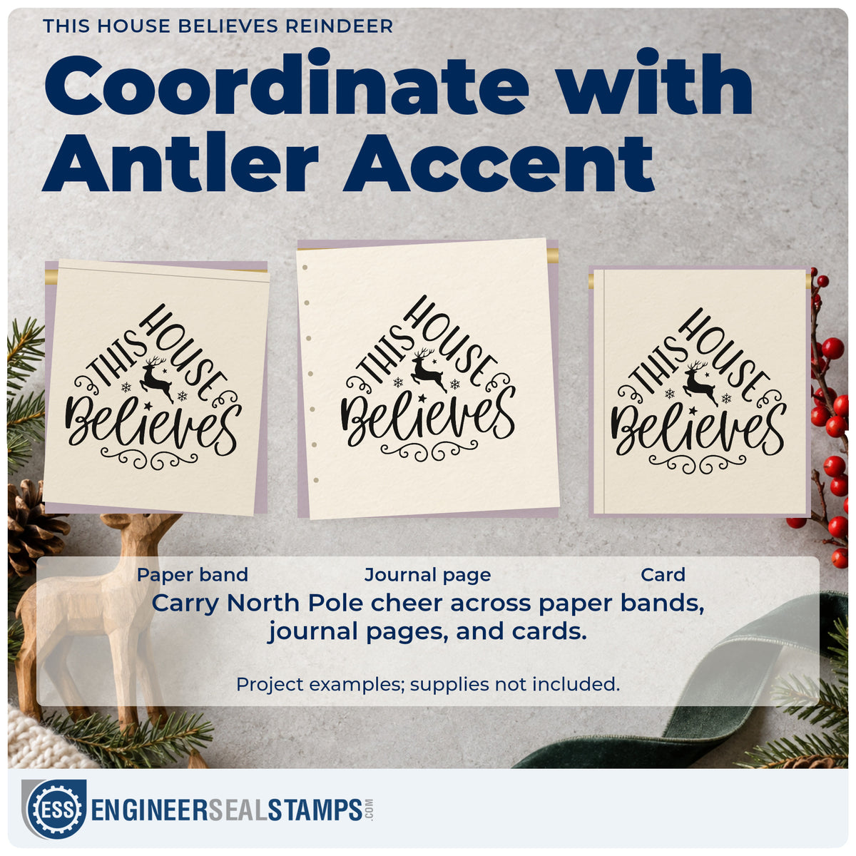 Three project examples made with the This House Believes Reindeer Hand Stamp – Duo, including rules list sheet.