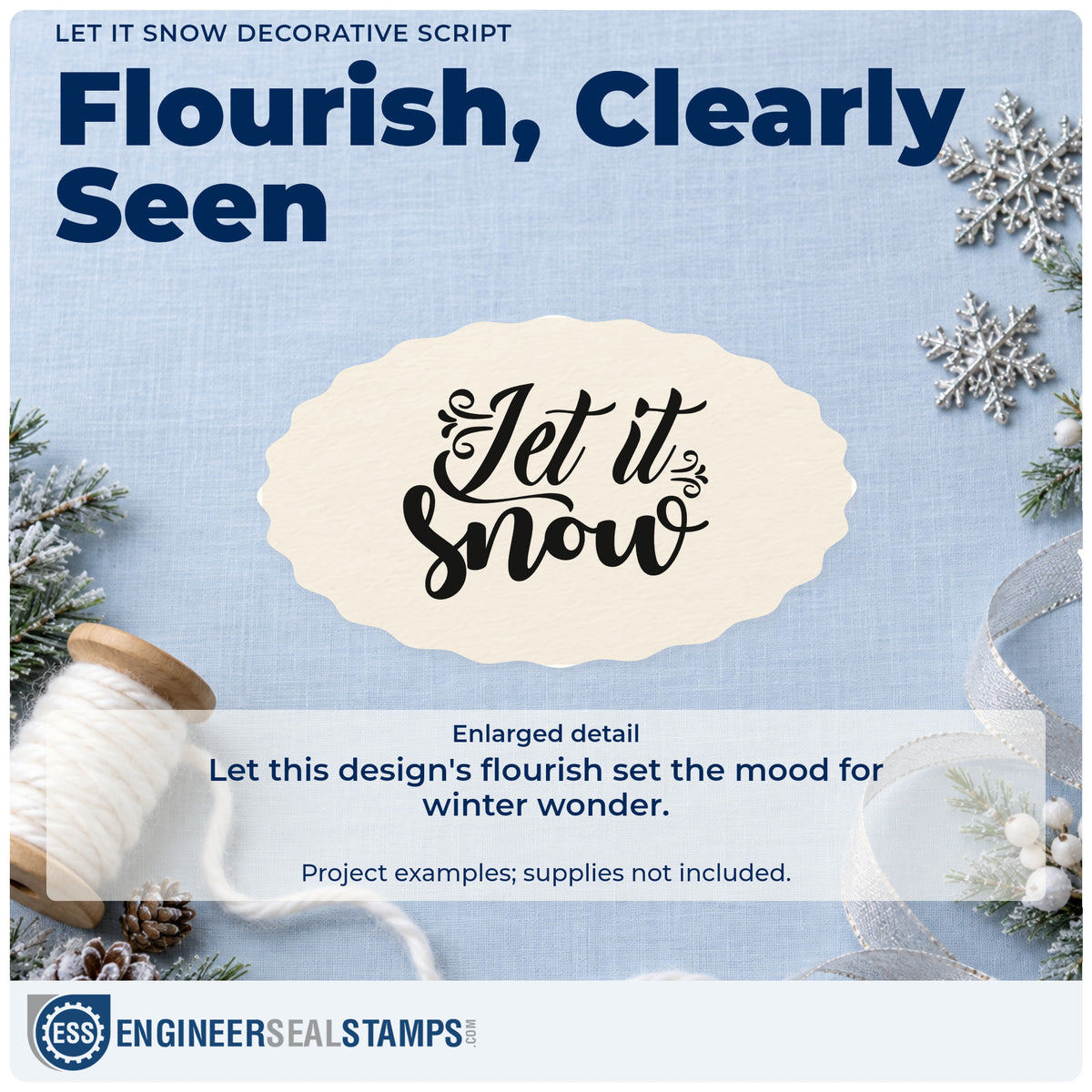 Enlarged detail of the Let It Snow Decorative Script Lettering Stamp – Duo Hand imprint. “Let It Snow” appears in bold script with curled flourishes at both sides.