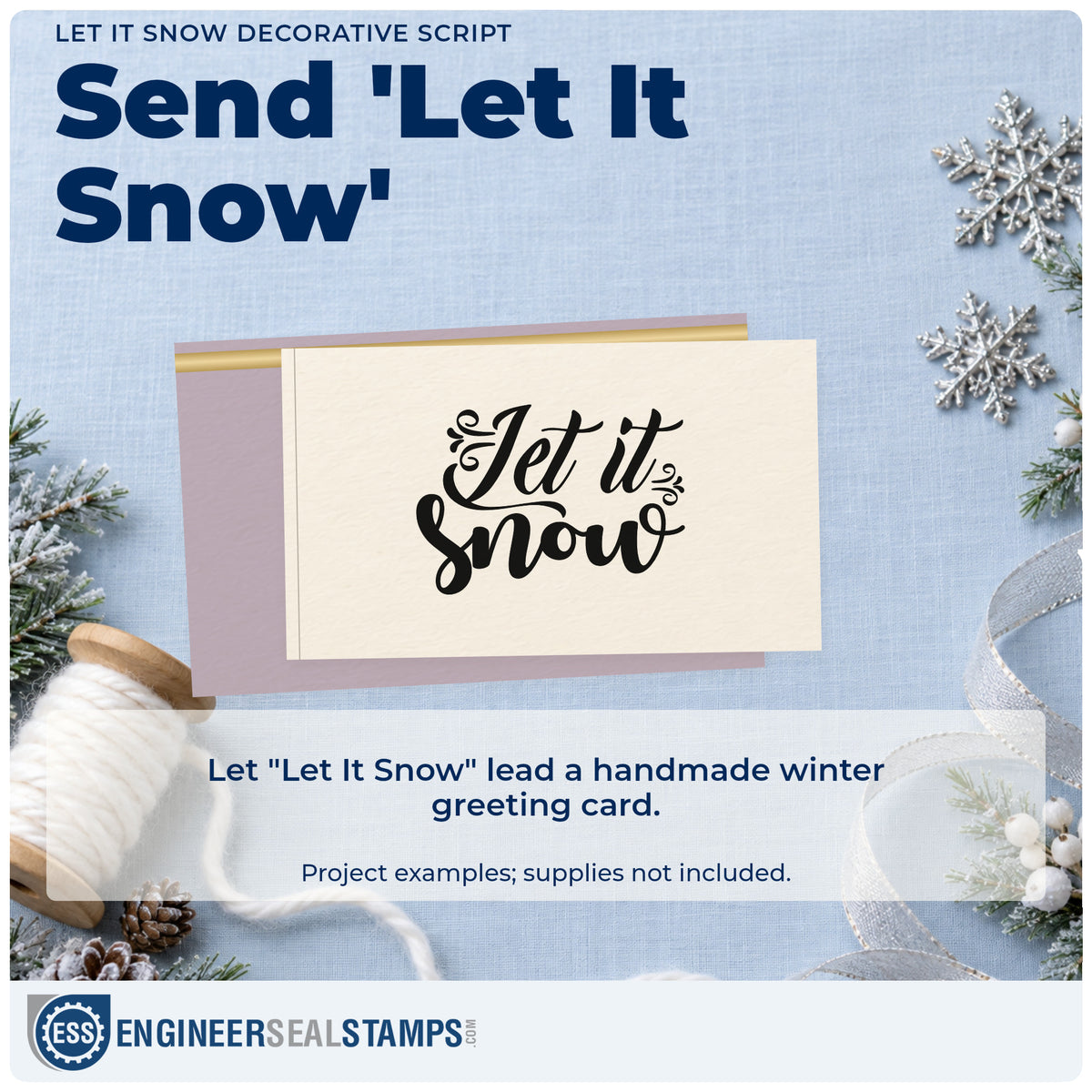 A finished handmade project stamped with the Self-Inking Let It Snow Decorative Script Lettering Stamp, ideal for matched album page.