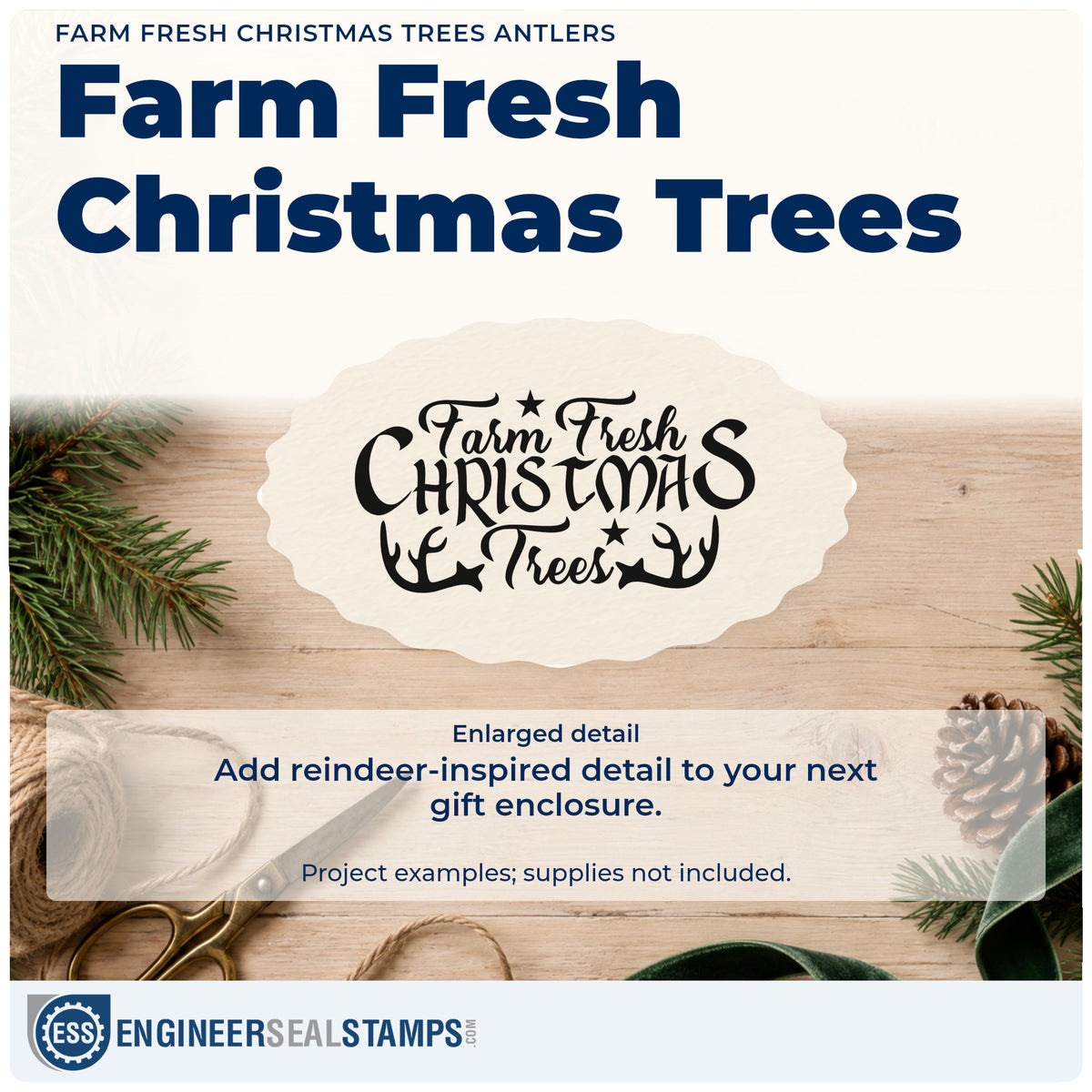 Enlarged detail of the Farm Fresh Christmas Trees Antlers Rubber Stamp – Duo Hand imprint. “Farm Fresh Christmas Trees” is framed by antlers with small star accents.