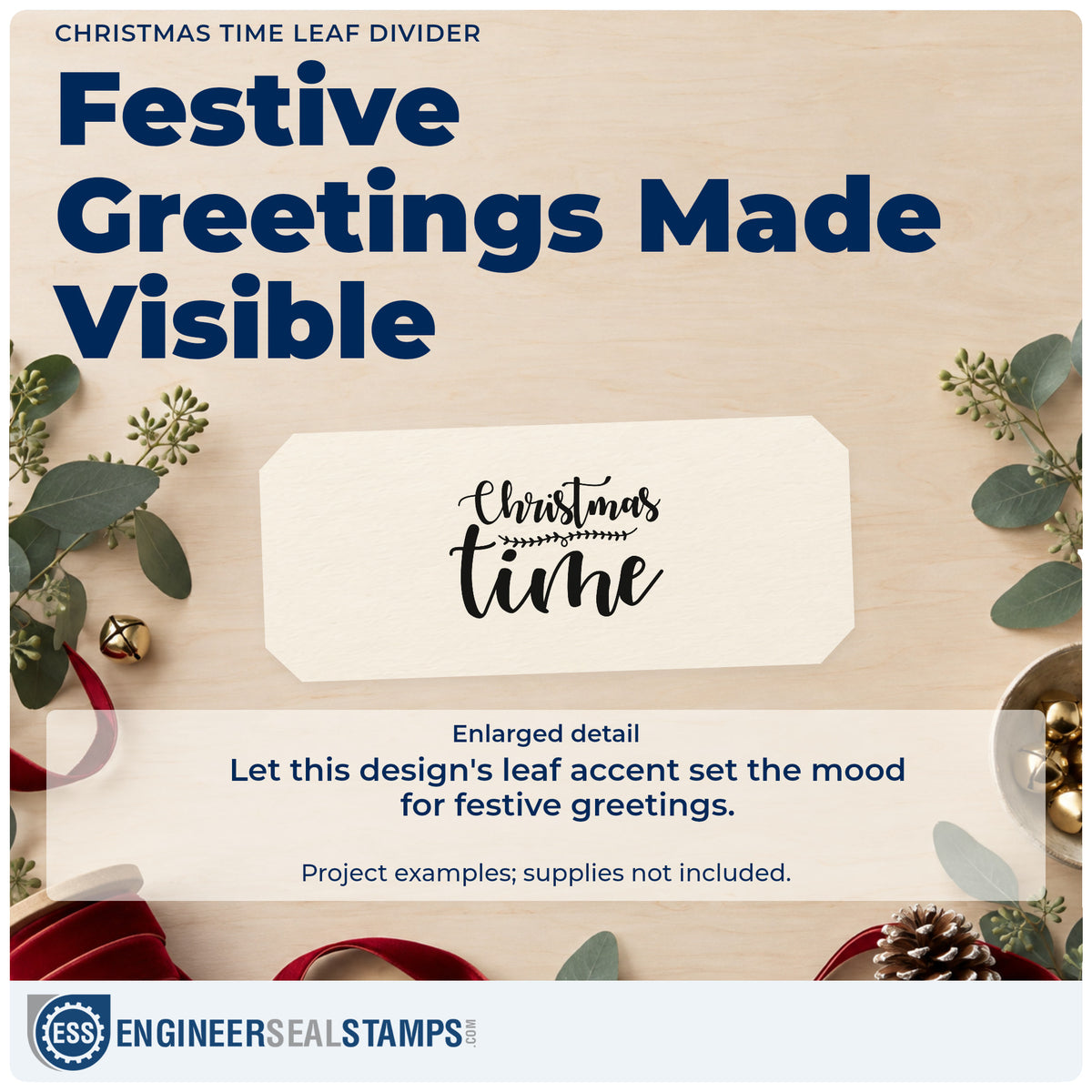 Enlarged detail of the Christmas Time Leaf Divider Wood Handle Stamp imprint. Script “Christmas” sits above a leafy divider and oversized “Time.”