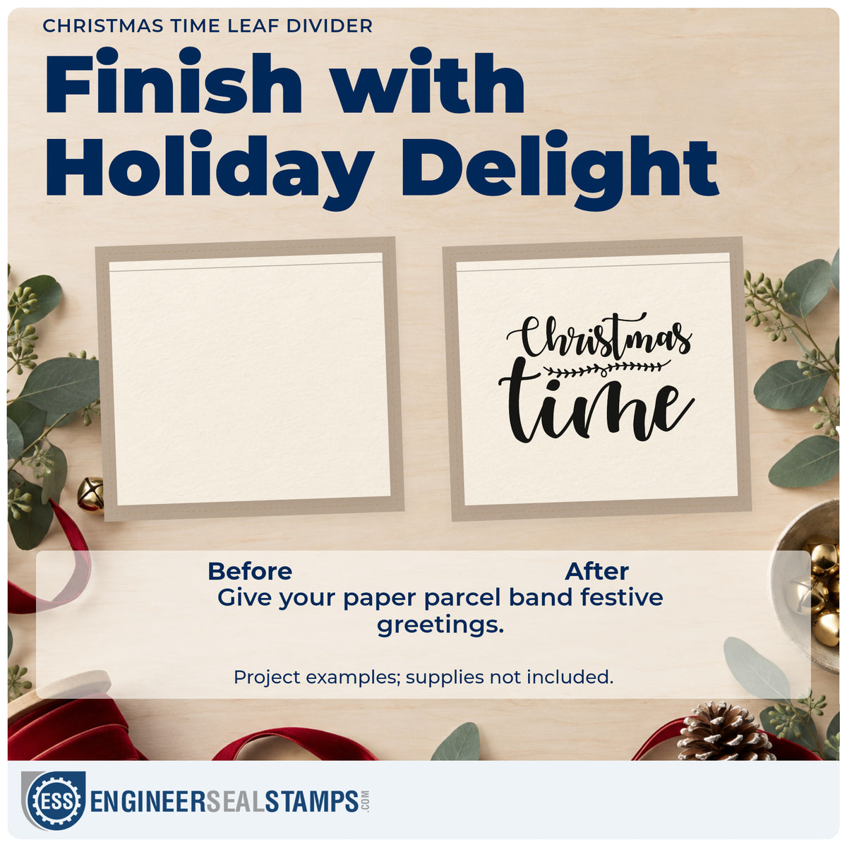 Before and after of a plain item finished with the Christmas Time Leaf Divider Stamp – PSI Pre-Inked, a quick upgrade for framed stacked pair.