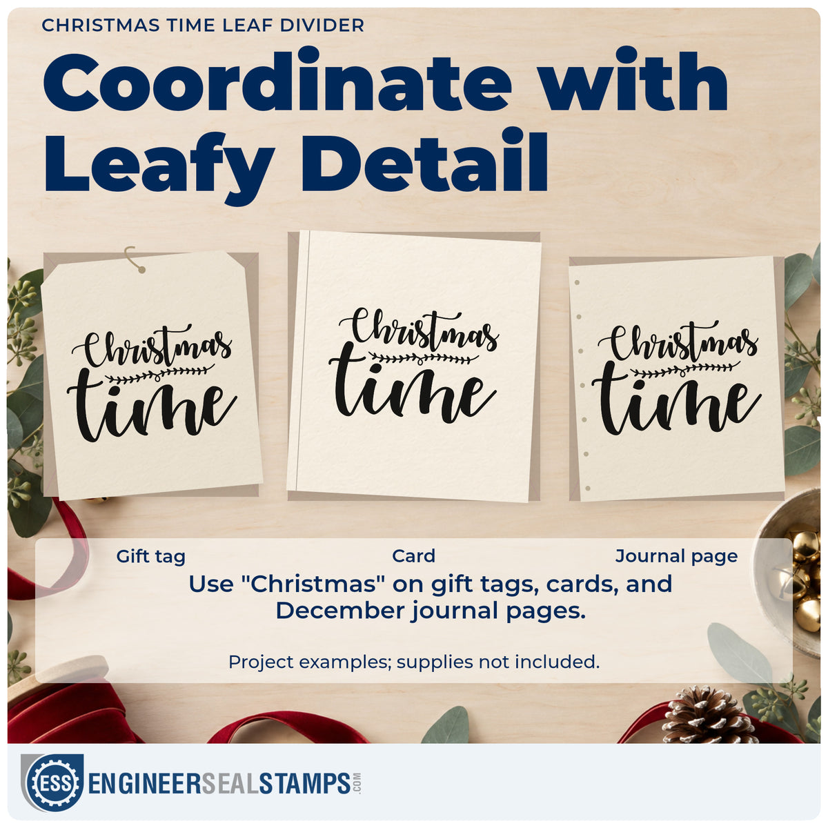 Three project examples made with the Christmas Time Leaf Divider Wood Handle Stamp, including section rule sheet.