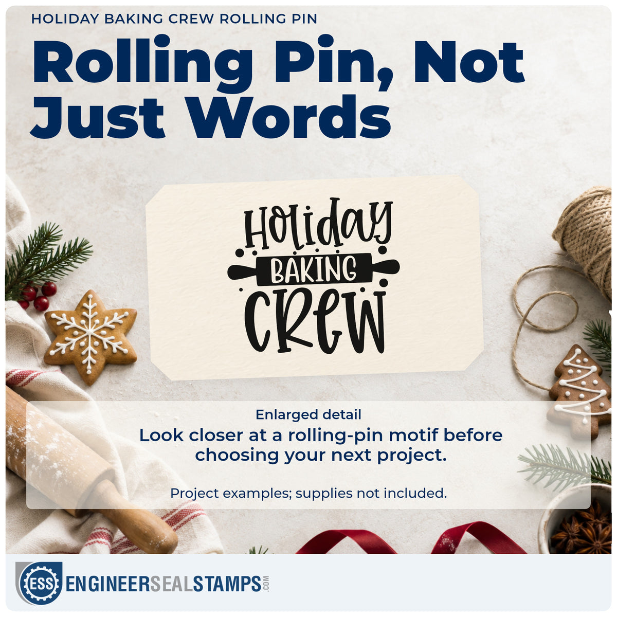 Enlarged detail of the Holiday Baking Crew Rolling Pin Hand Stamp – Duo imprint. “Holiday Baking Crew” incorporates a dark rolling pin behind “Baking.”
