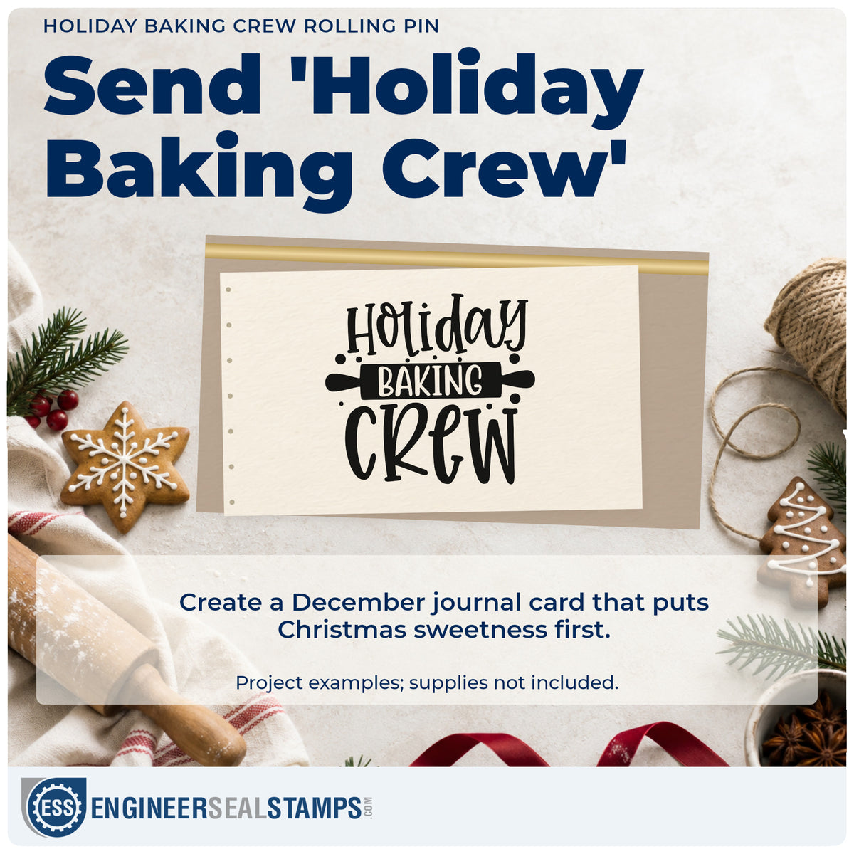 A finished handmade project stamped with the Holiday Baking Crew Rolling Pin Hand Stamp – Duo, ideal for crew photo album.