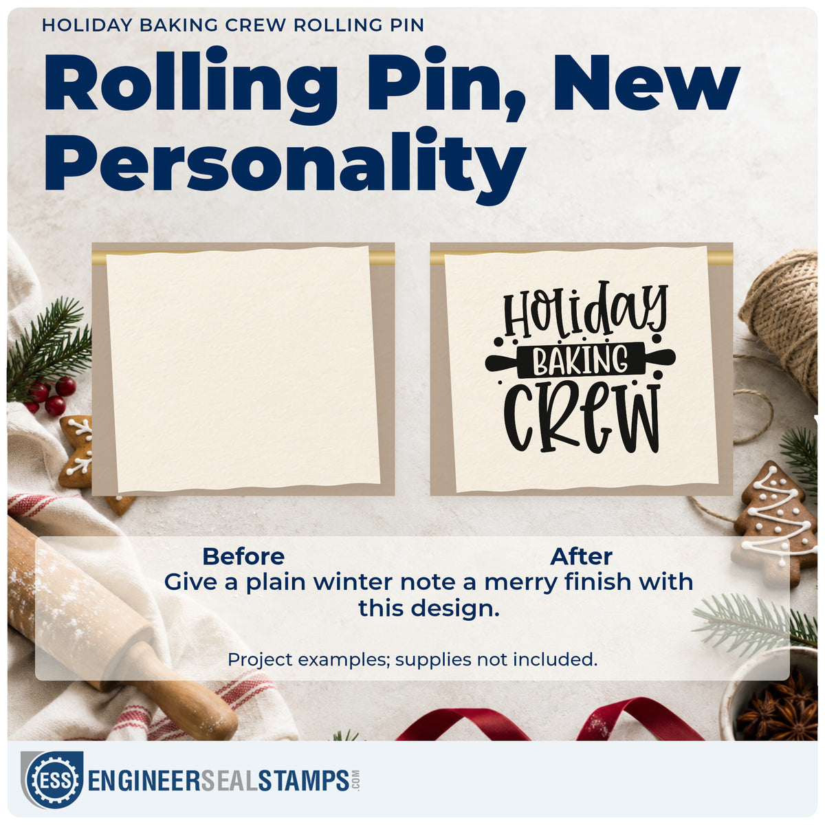 Before and after of a plain item finished with the Holiday Baking Crew Rolling Pin Pre-Inked Stamp – PSI, a quick upgrade for framed prep counter.