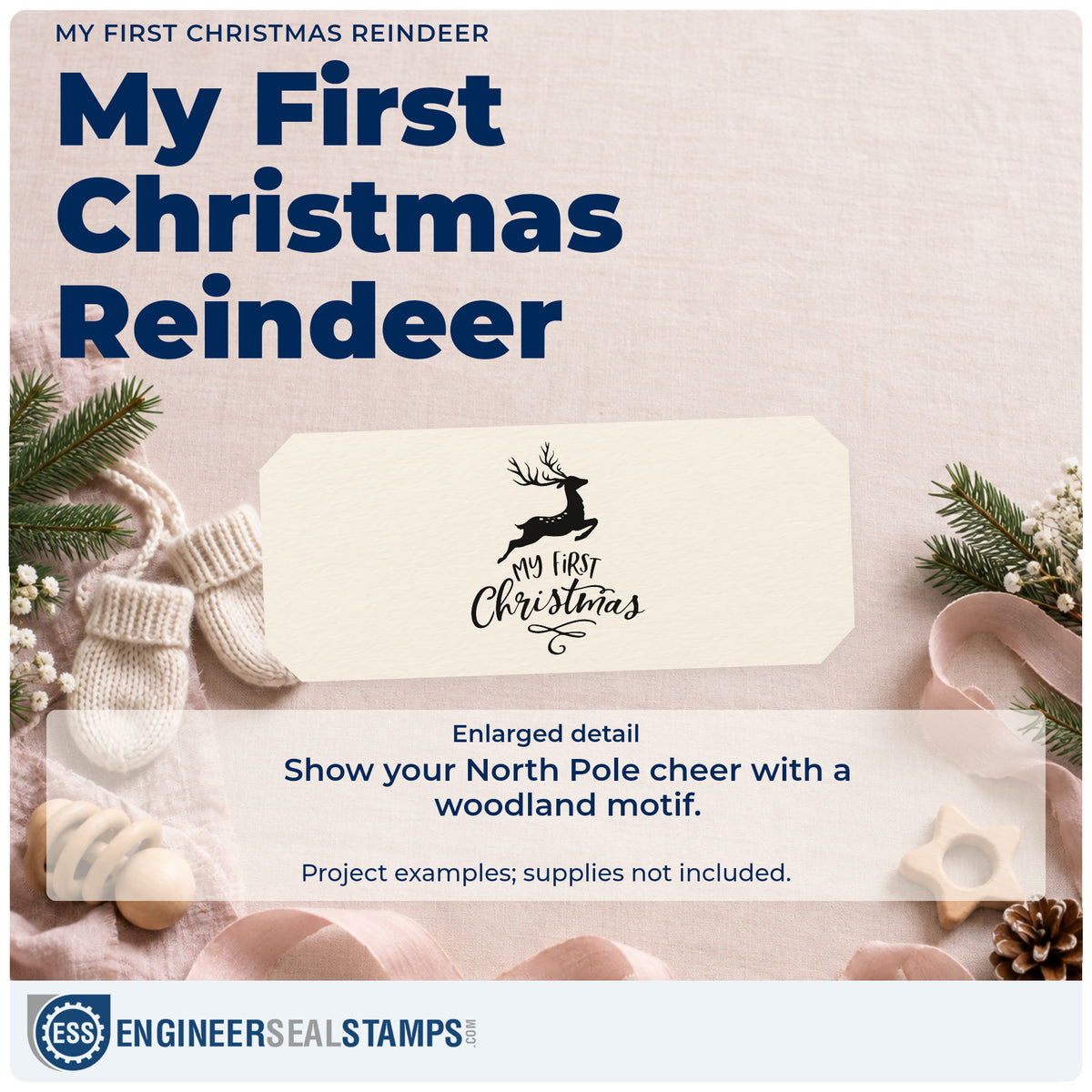 Enlarged detail of the My First Christmas Reindeer Lettering Flourish Self-Inking Stamp imprint. A leaping reindeer sits above “My First Christmas” and a looping flourish.