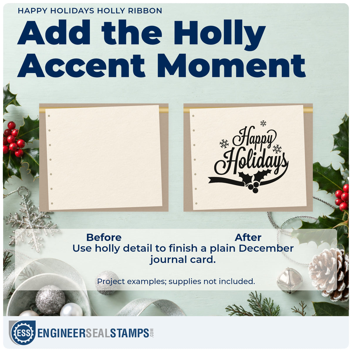 Before and after of a plain item finished with the Happy Holidays Holly Ribbon Craft Stamp – Self-Inking, a quick upgrade for framed curved mat.