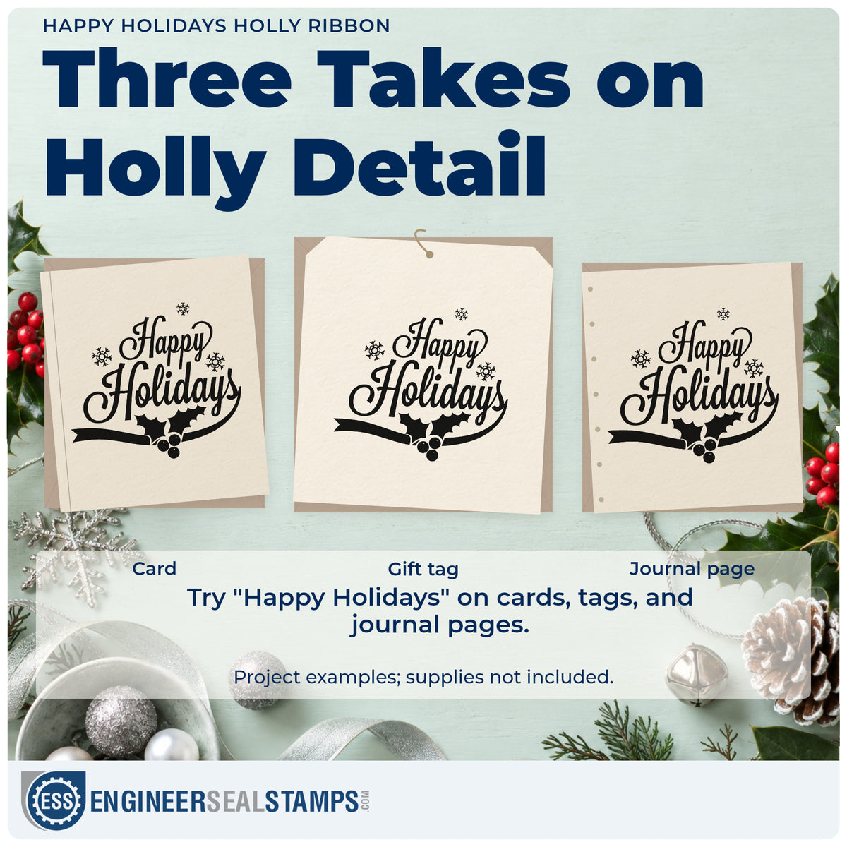 Three project examples made with the Happy Holidays Holly Ribbon Hand Stamp – Duo, including trim stock sheet.