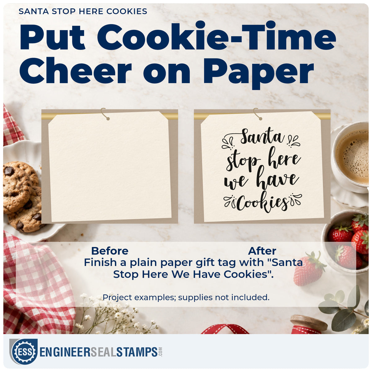 Before and after of a plain item finished with the Santa Stop Here Cookies PSI Pre-Inked Stamp, a quick upgrade for framed window ledge.