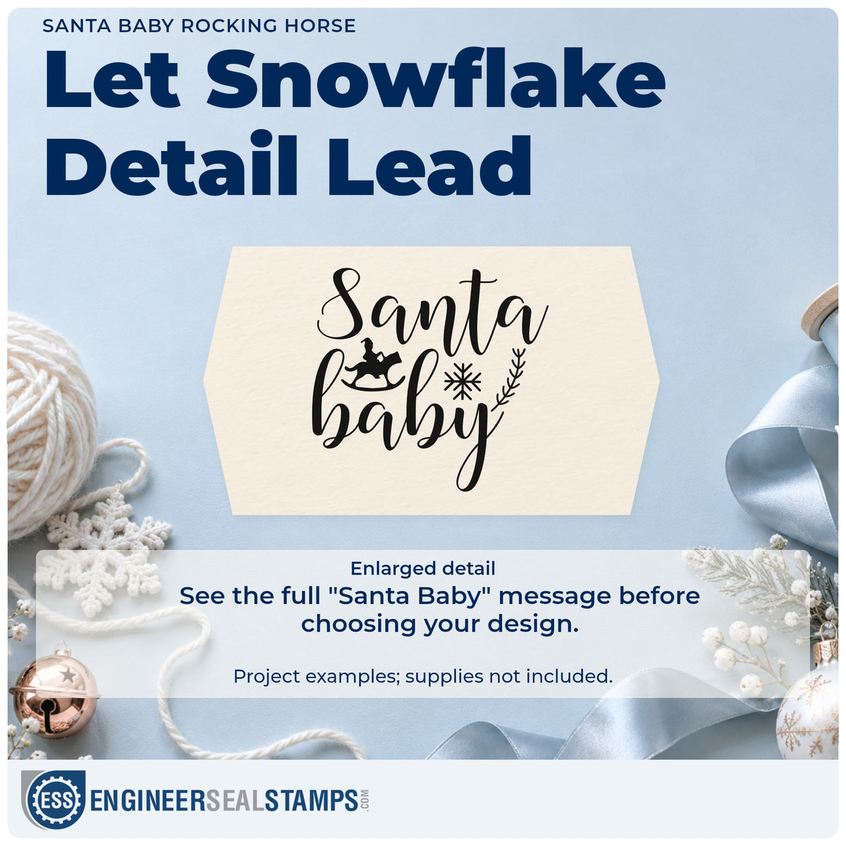 Enlarged detail of the Santa Baby Rocking Horse Duo Hand Stamp imprint. “Santa Baby” features a small rocking horse, snowflake, and leafy sprig.