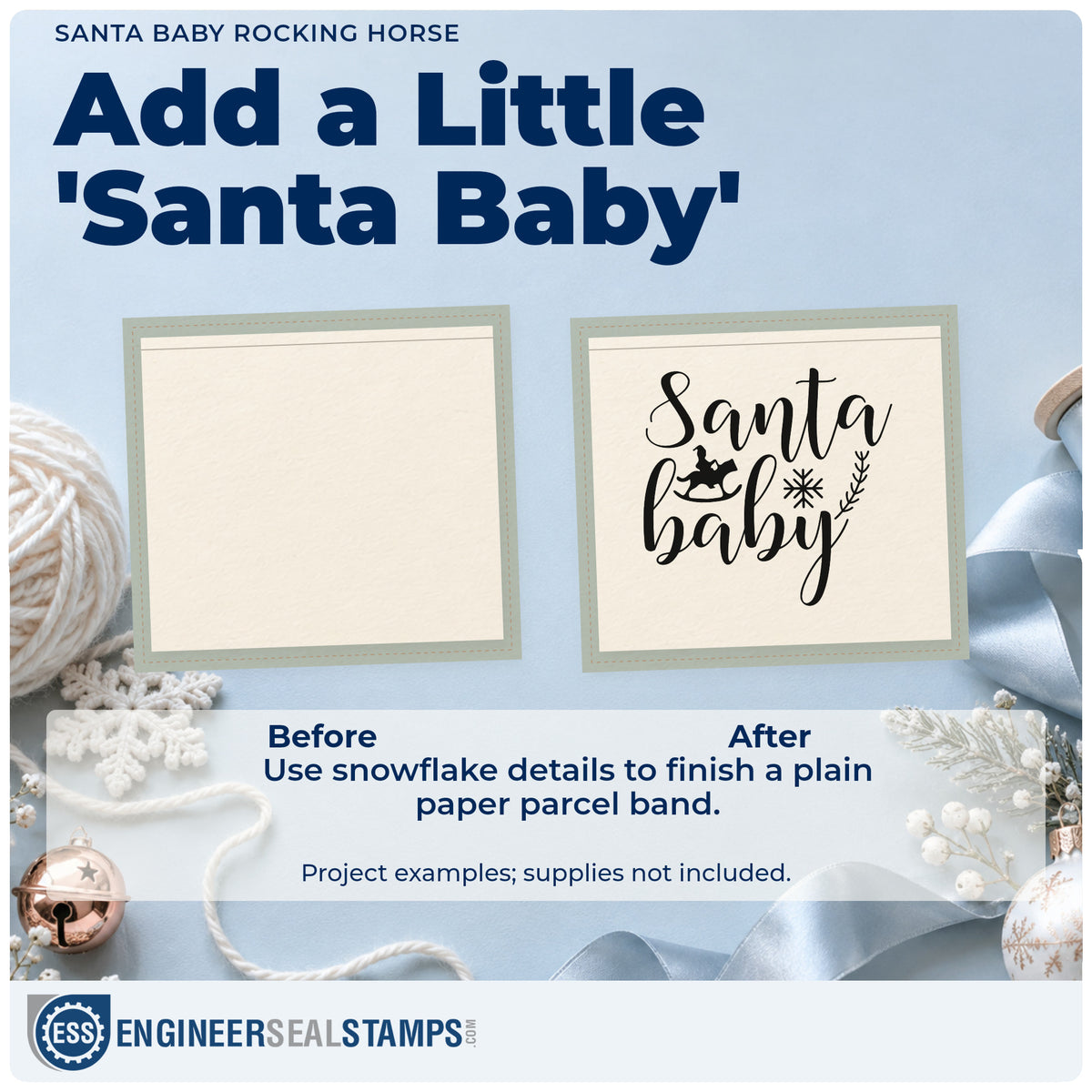 Before and after of a plain item finished with the PSI Pre-Inked Santa Baby Rocking Horse Stamp, a quick upgrade for framed play corner.