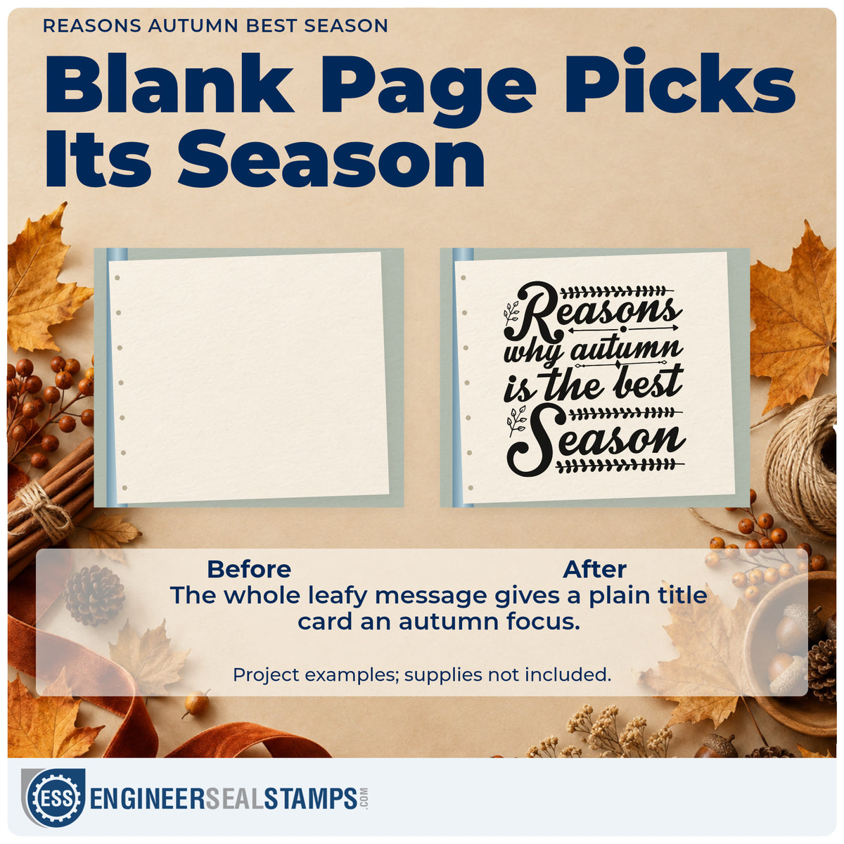 Before and after of a plain item finished with the Reasons Autumn Best Season Rubber Stamp – Duo Hand, a quick upgrade for framed autumn hall.