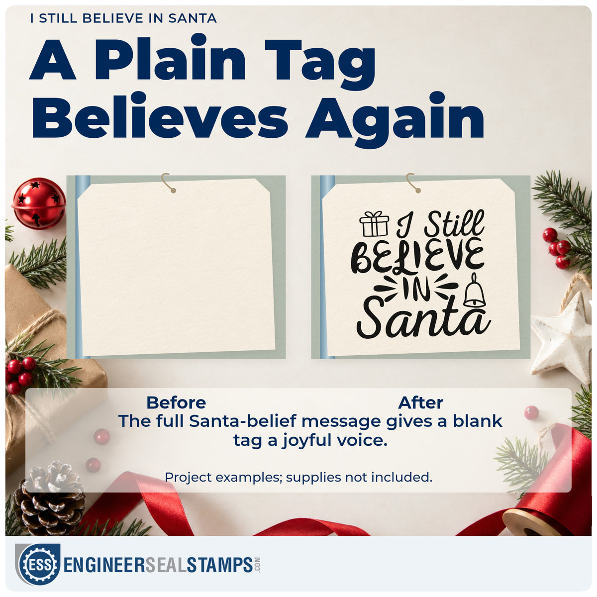 Before and after of a plain item finished with the I Still Believe In Santa Premium Wood-Mounted Stamp – Vintage Pro, a quick upgrade for framed stair nook.