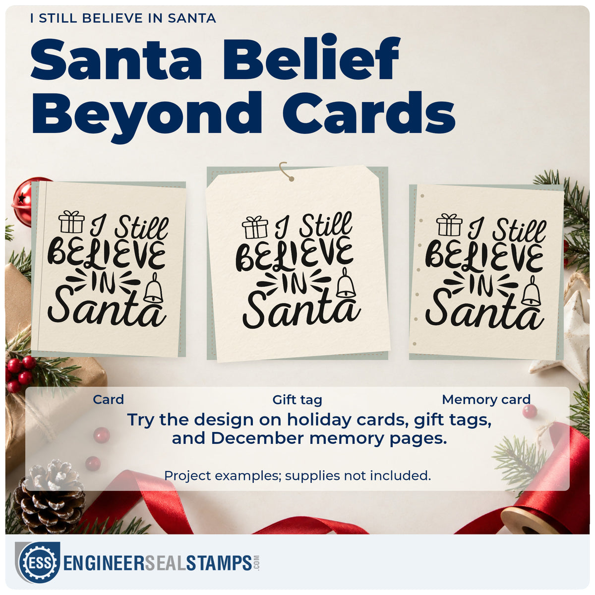 Three project examples made with the I Still Believe In Santa Premium Wood-Mounted Stamp – Vintage Pro, including memory prompt sheet.