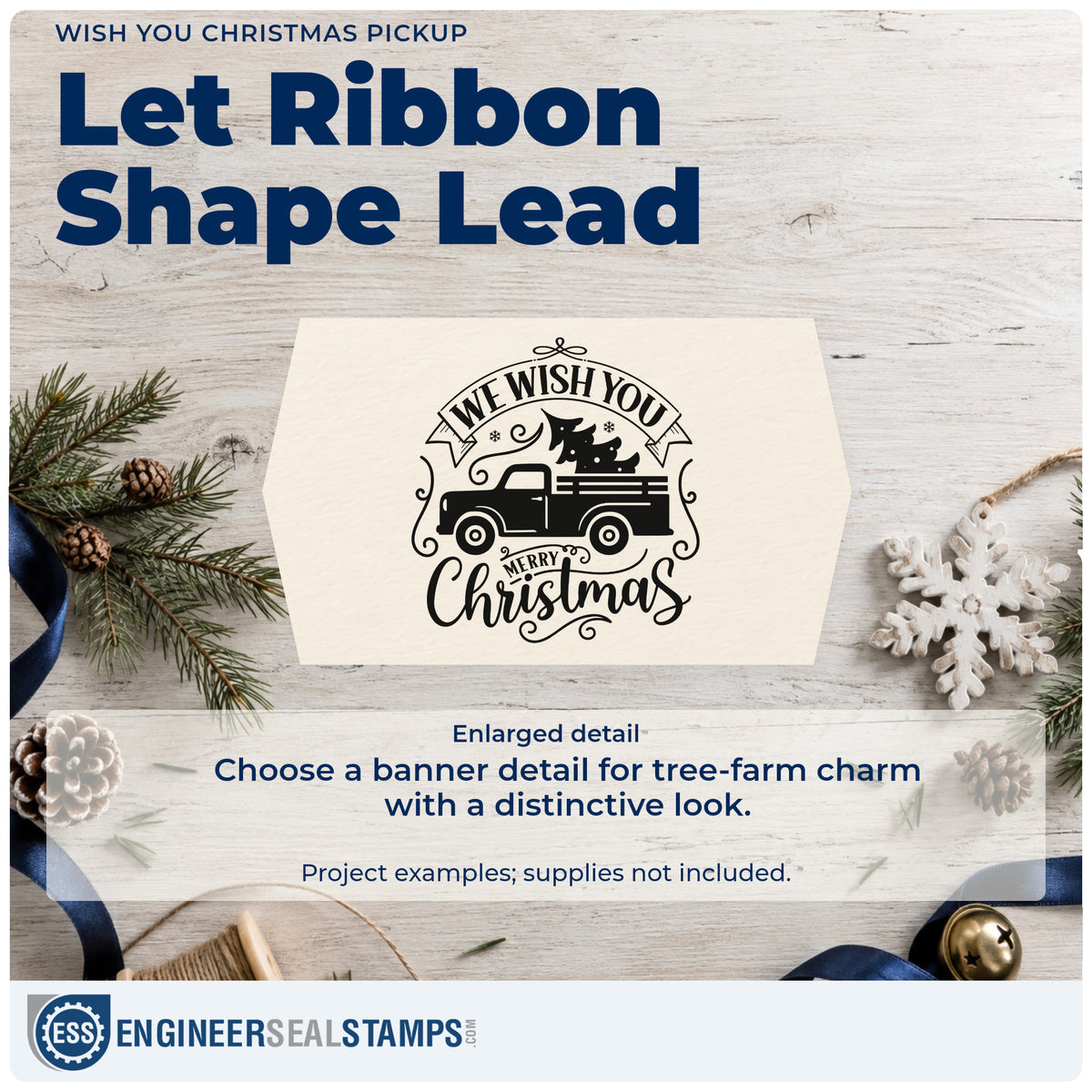 Enlarged detail of the Wish You Christmas Pickup Stamp – Self-Inking imprint. “We Wish You Merry Christmas” surrounds a vintage pickup carrying a tree with a banner and curls.