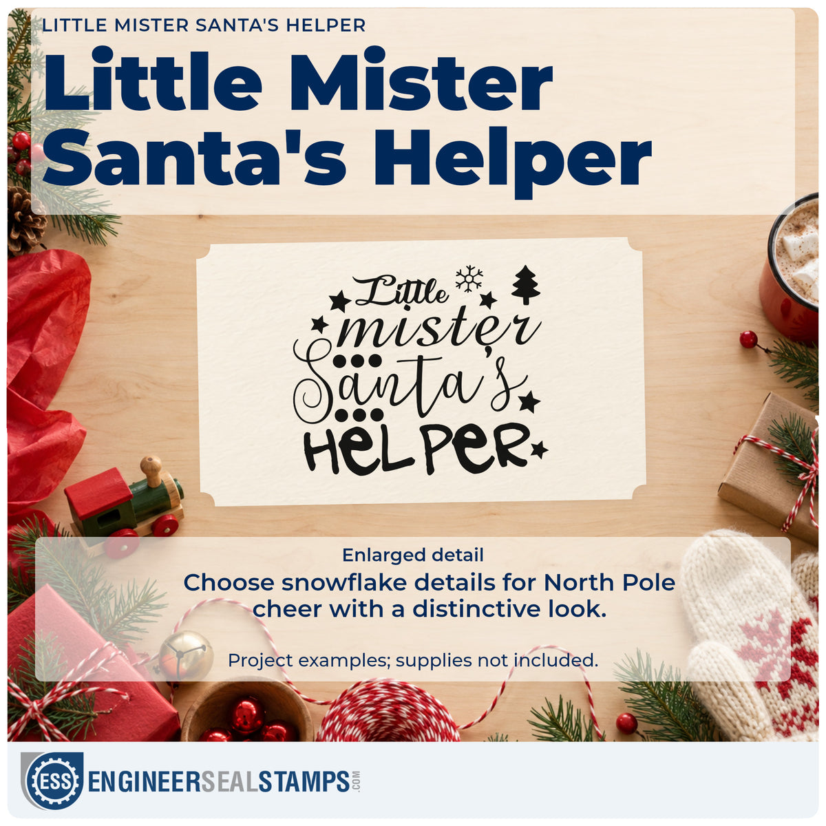 Enlarged detail of the Little Mister Santa's Helper Stamp – Self-Inking imprint. “Little Mister Santa's Helper” features snowflakes, stars, a small tree, and dots.