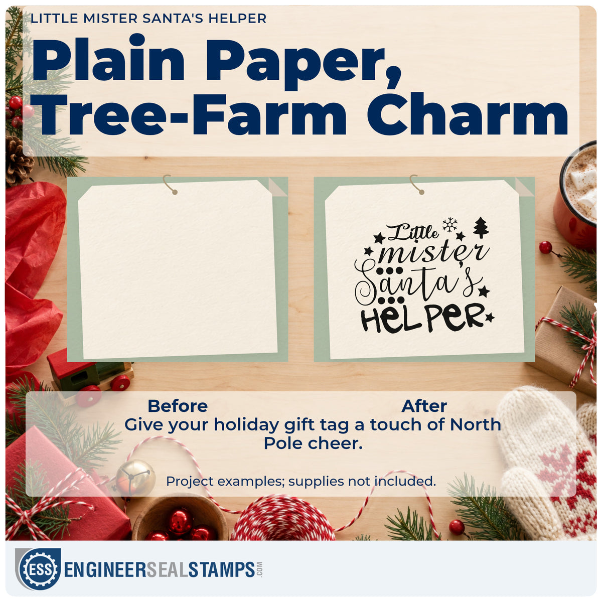 Before and after of a plain item finished with the Little Mister Santa's Helper Rubber Stamp – Duo Hand, a quick upgrade for framed workbench wall.
