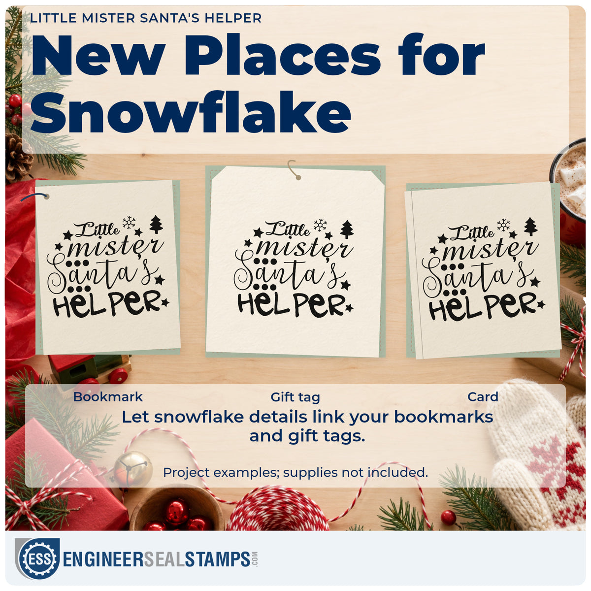 Three project examples made with the Little Mister Santa's Helper Pre-Inked Stamp – Slim, including job chart header.
