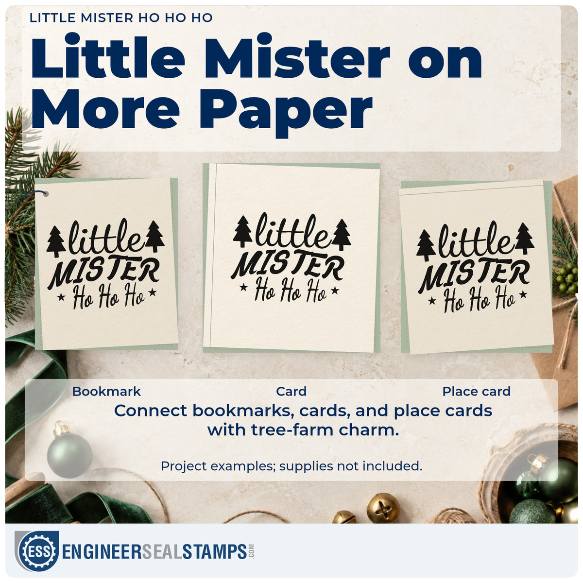 Three project examples made with the Little Mister Ho Ho Ho Pine Motif Wood Handle Stamp, including outing plan sheet.