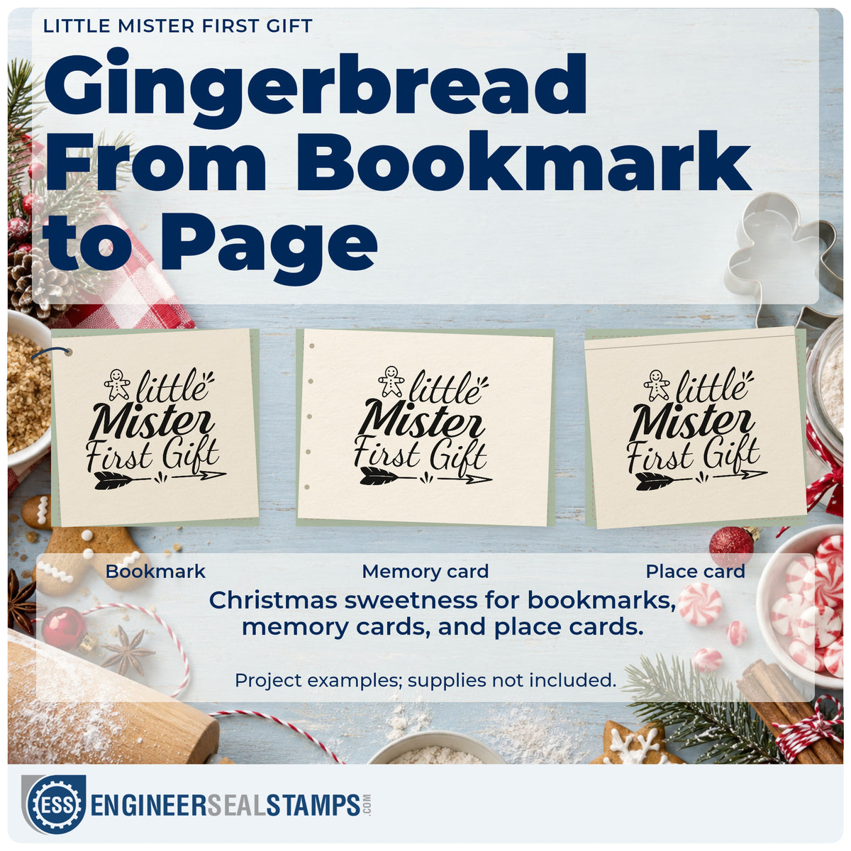 Three project examples made with the Little Mister First Gift Stamp – Slim Pre-Inked, including milestone chart sheet.