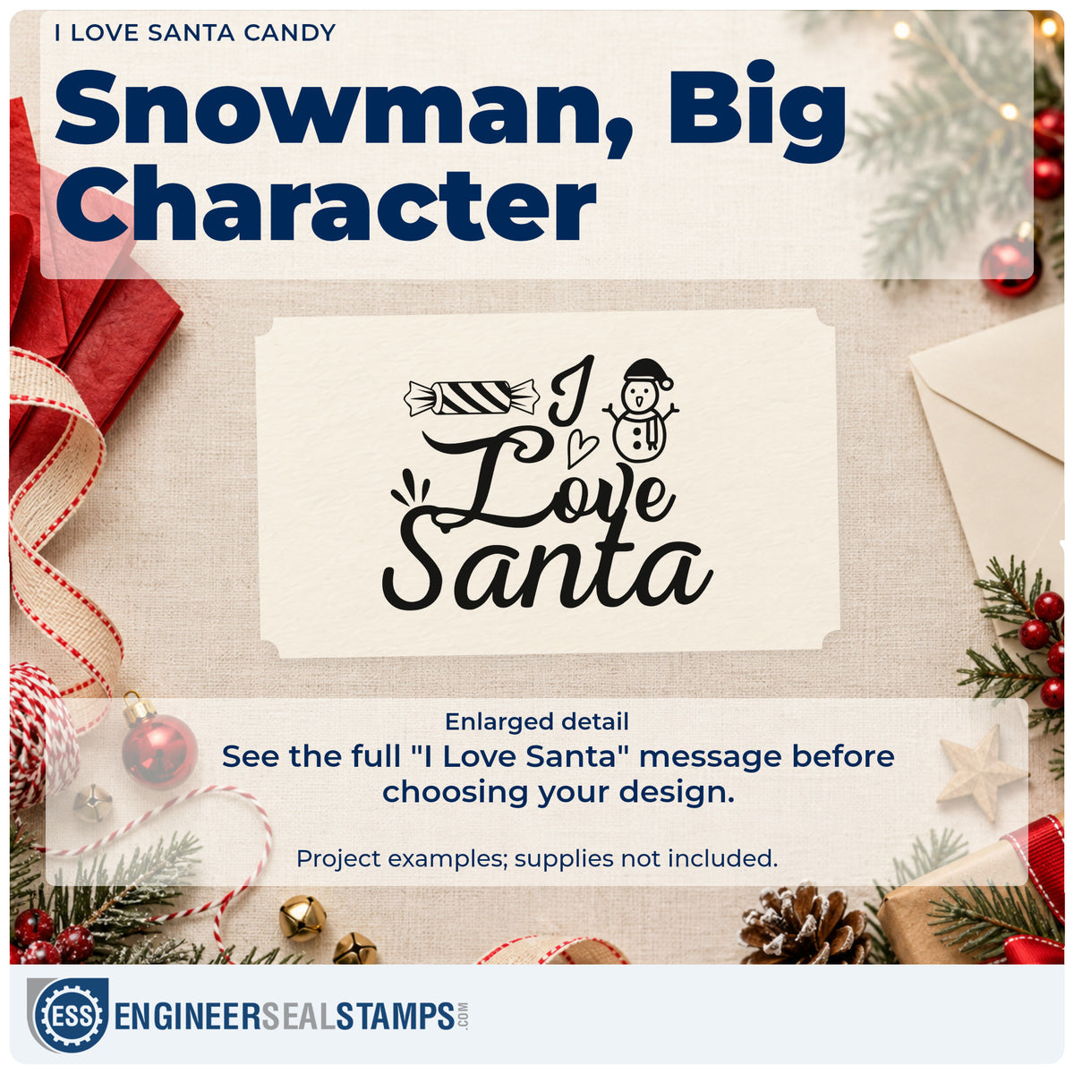 Enlarged detail of the I Love Santa Candy Snowman Pre-Inked Stamp – PSI imprint. “I Love Santa” appears with striped candy, a snowman, hearts, and accent rays.
